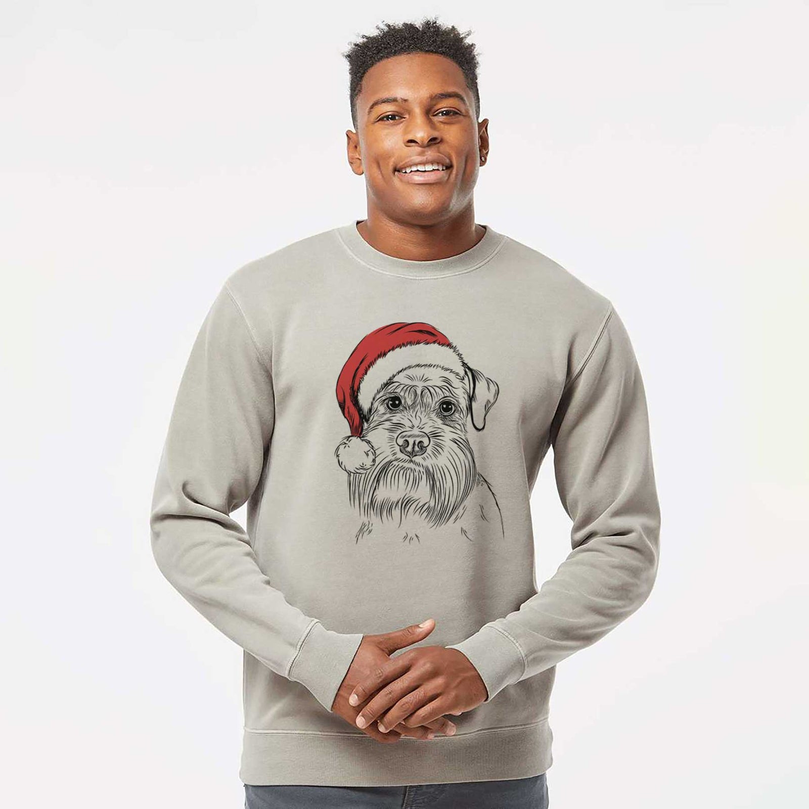 Hand-drawn sketch of Wrigley the Schnauzer wearing a Santa hat on a Cement Unisex pigment dyed crew sweatshirt