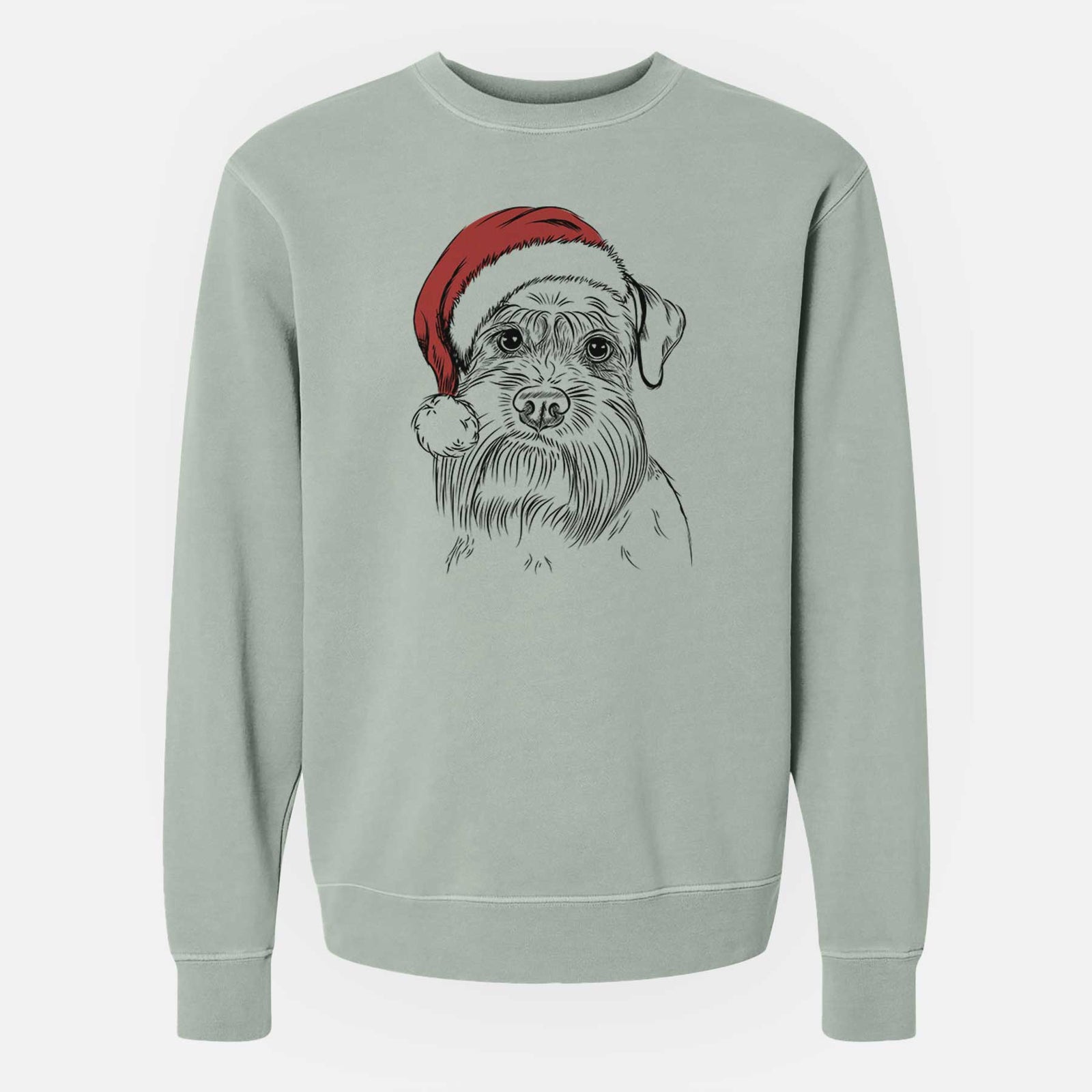Hand-drawn sketch of Wrigley the Schnauzer wearing a Santa hat on a Sage Unisex pigment dyed crew sweatshirt