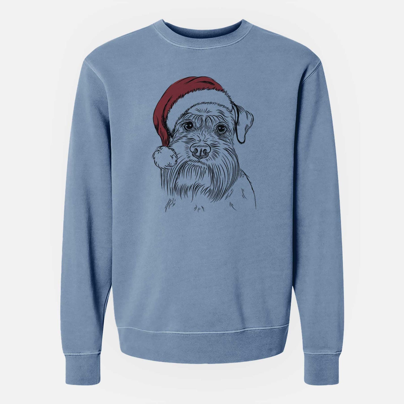 Hand-drawn sketch of Wrigley the Schnauzer wearing a Santa hat on a Slate Blue Unisex pigment dyed crew sweatshirt