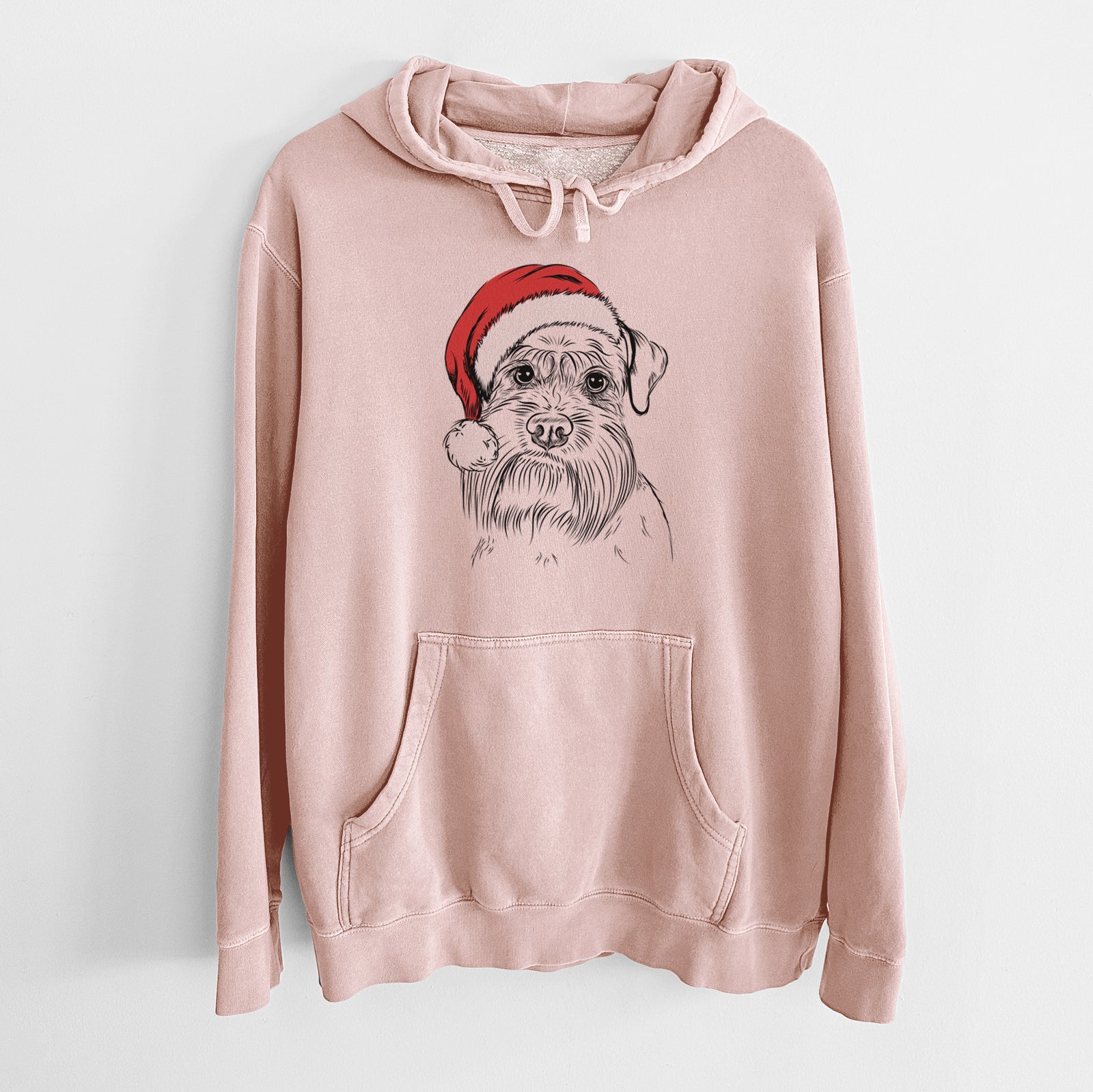 Hand-drawn sketch of Wrigley the Schnauzer wearing a Santa hat on a Dusty Pink Unisex pigment dyed hoodie