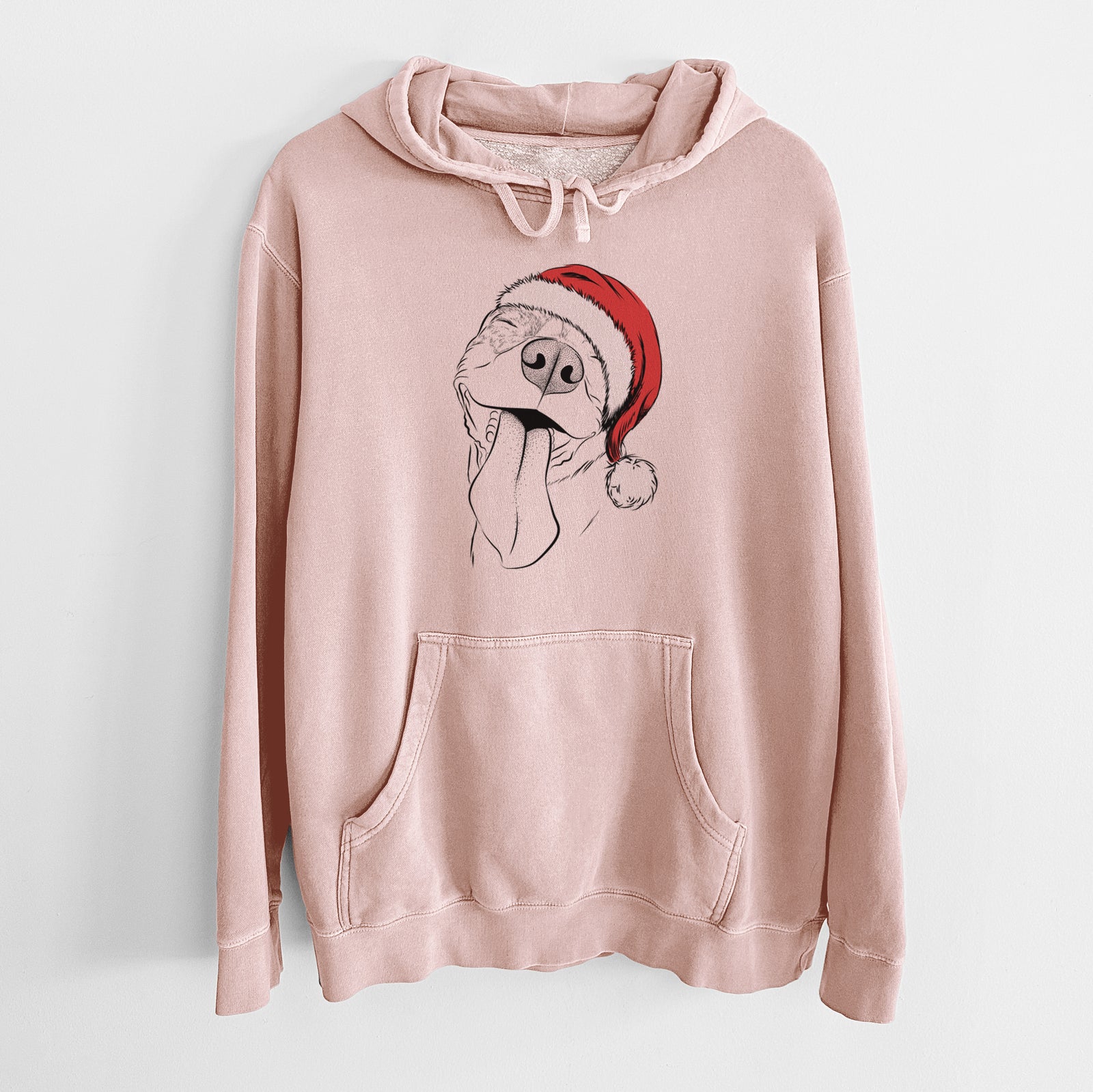 Hand-drawn sketch of Xena the American Staffordshire Terrier wearing a Santa hat on a Dusty Pink Unisex pigment dyed hoodie