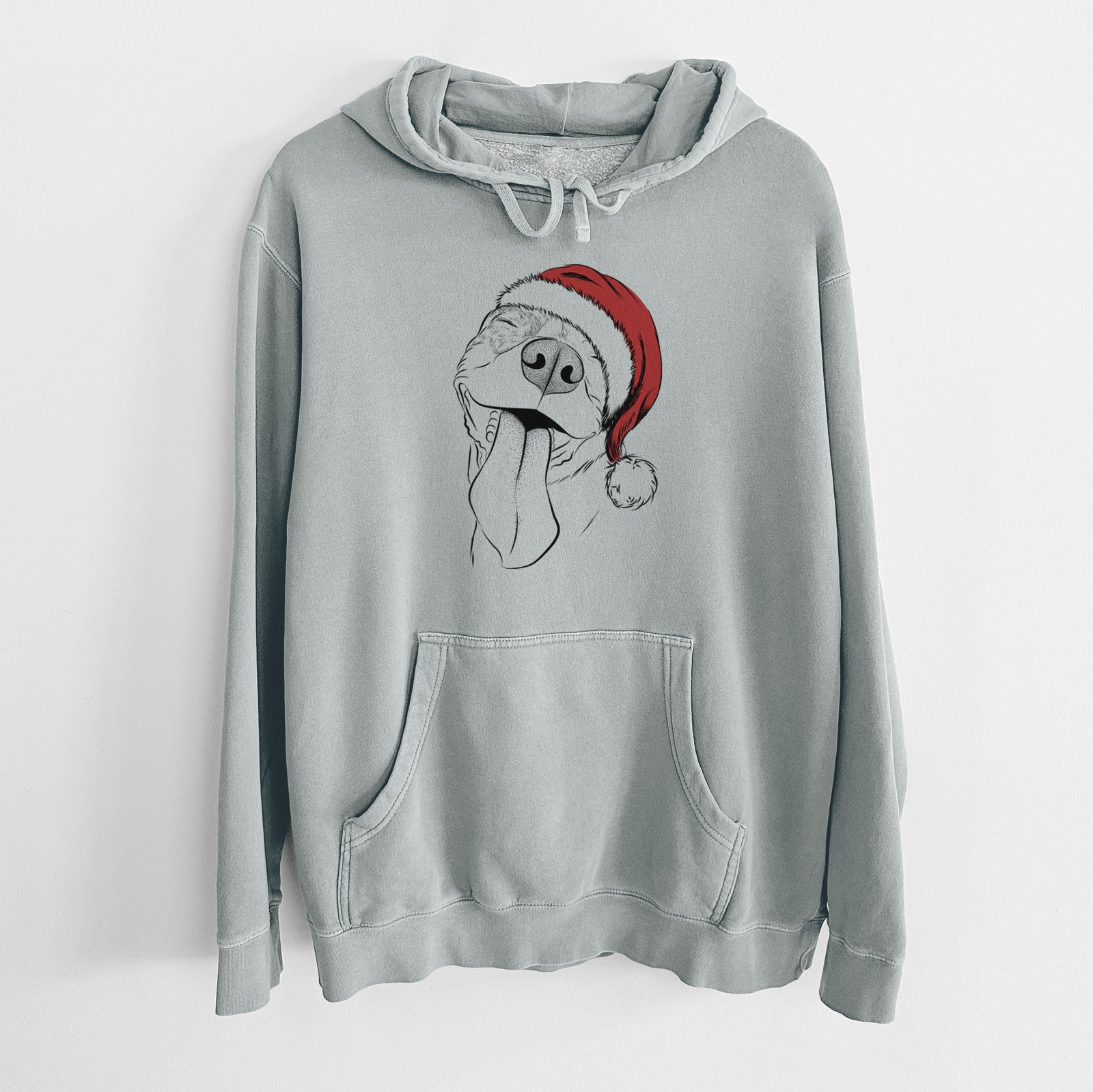 Hand-drawn sketch of Xena the American Staffordshire Terrier wearing a Santa hat on a Sage Unisex pigment dyed hoodie