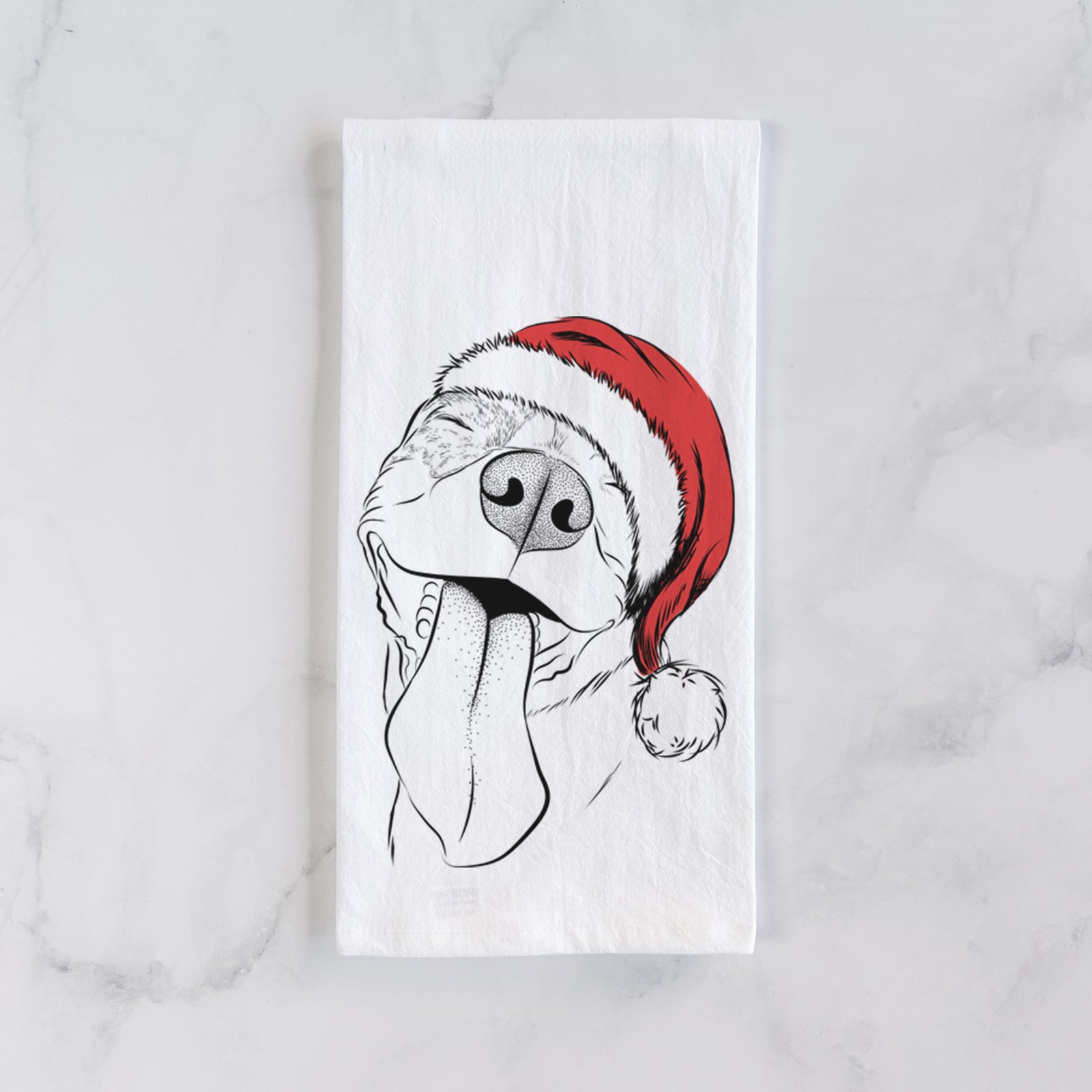 Hand-drawn sketch of Xena the American Staffordshire Terrier wearing a Santa hat on a tea towel