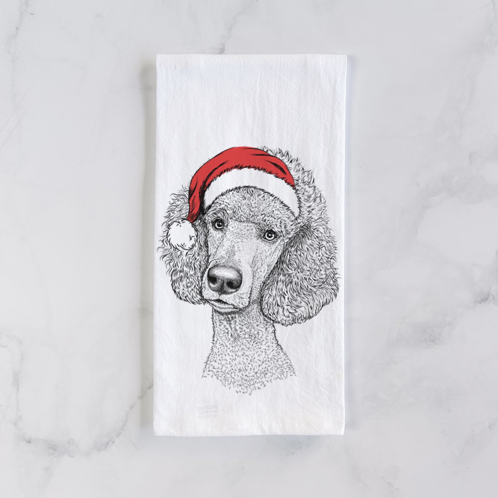 Hand-drawn sketch of Yuki the Poodle wearing a Santa hat on a tea towel