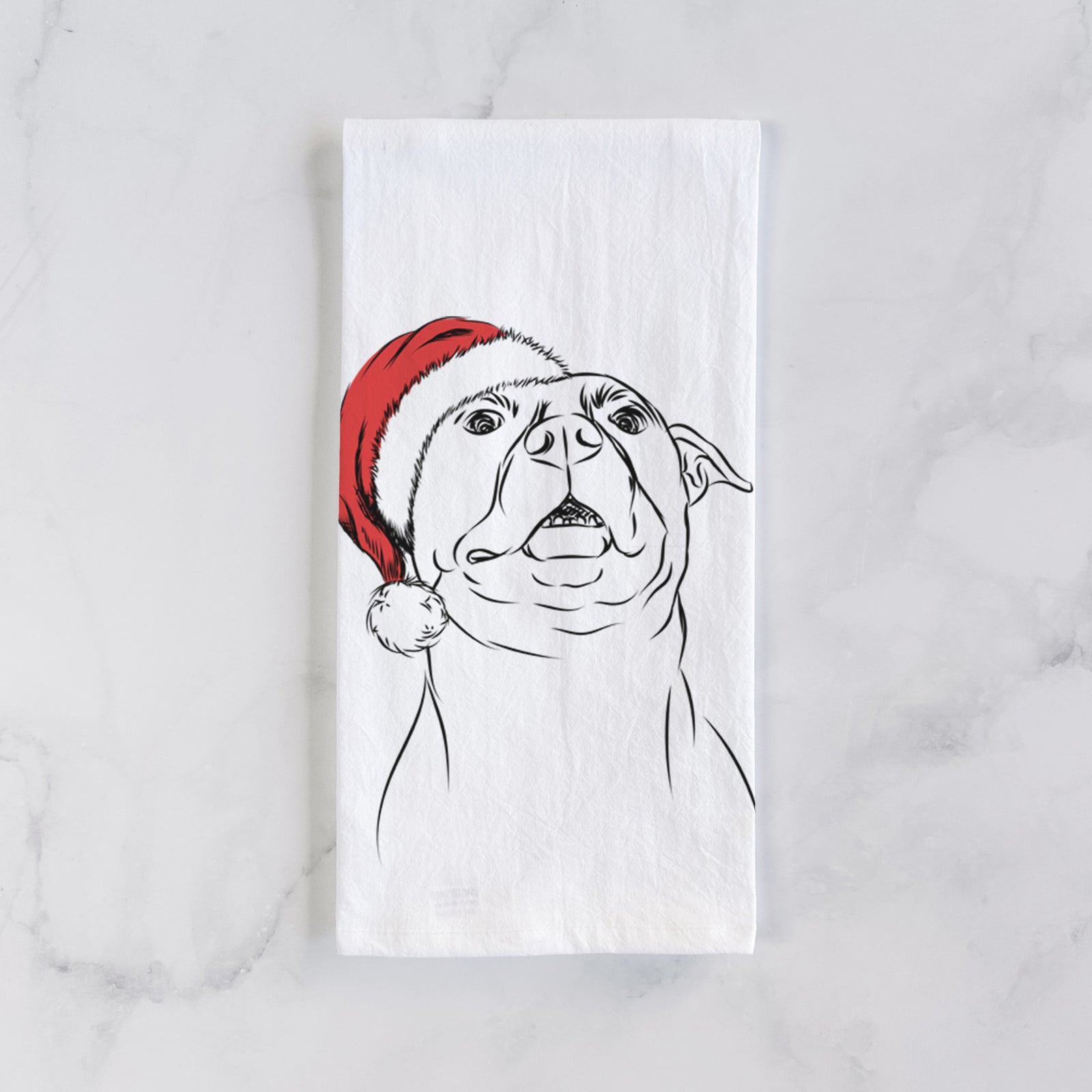 Hand-drawn sketch of Zada the Pitbull wearing a Santa hat on a tea towel