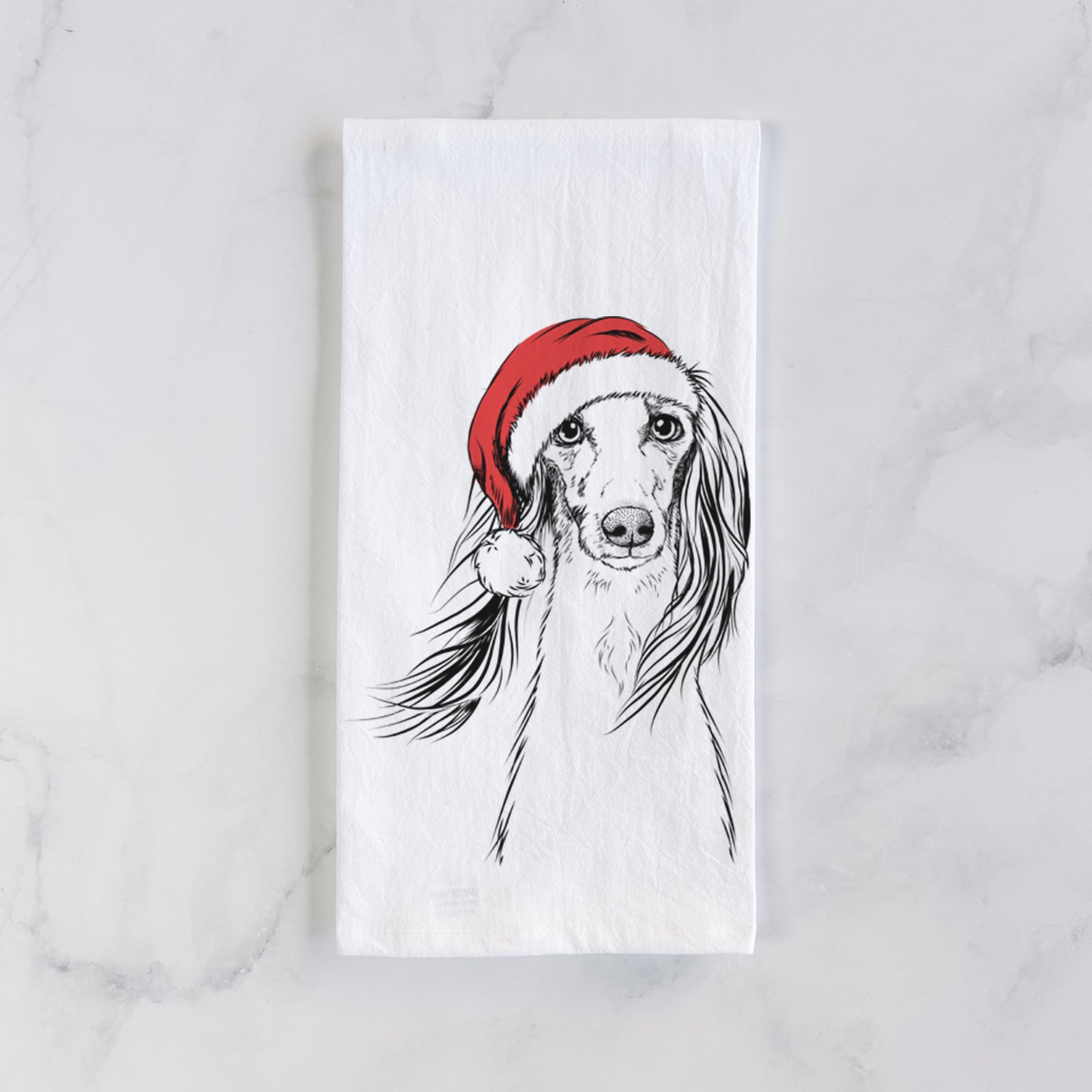 Hand-drawn sketch of Zahra the Saluki wearing a Santa hat on a tea towel