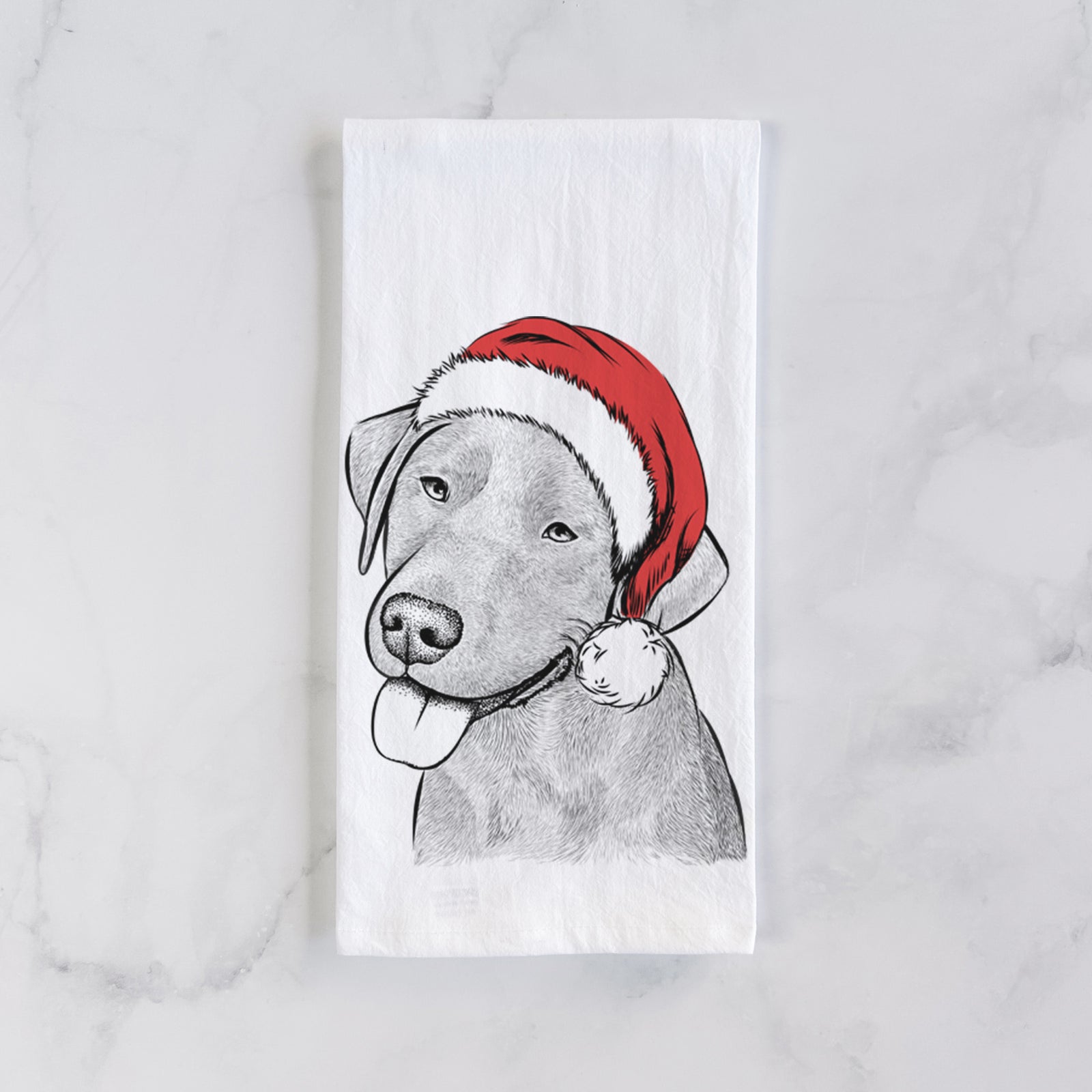 Hand-drawn sketch of Zeppelin the Black Labrador wearing a Santa hat on a tea towel