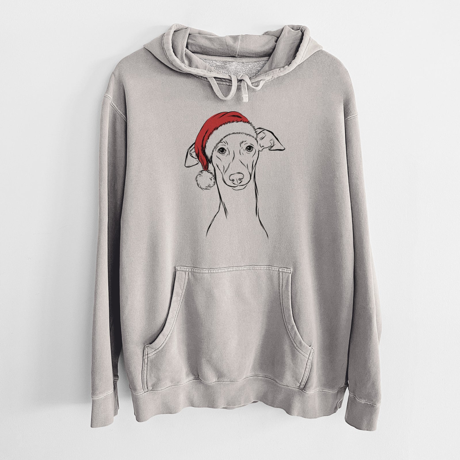 Hand-drawn sketch of Ziggie the Italian Greyhound wearing a Santa hat on a Cement Unisex pigment dyed hoodie