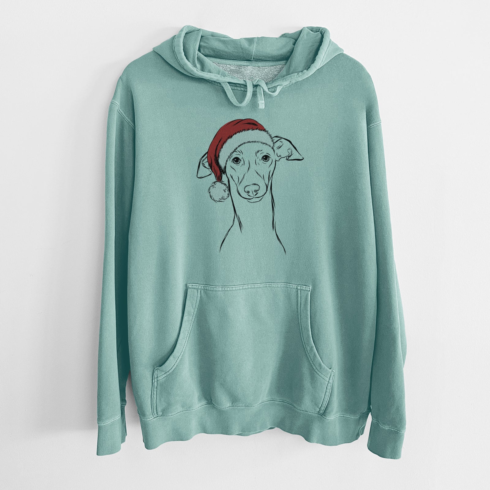 Hand-drawn sketch of Ziggie the Italian Greyhound wearing a Santa hat on a Mint Unisex pigment dyed hoodie