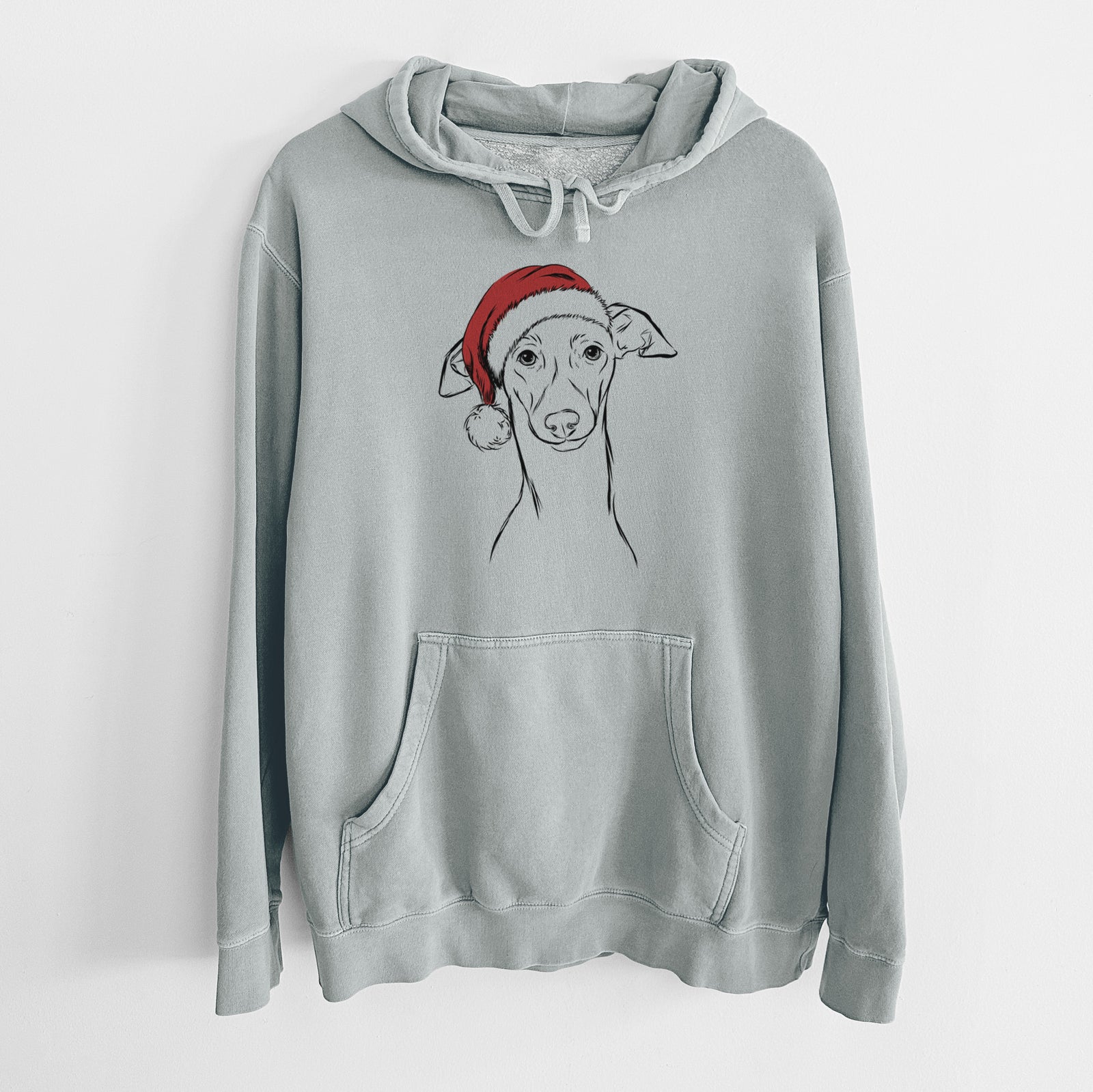 Hand-drawn sketch of Ziggie the Italian Greyhound wearing a Santa hat on a Sage Unisex pigment dyed hoodie