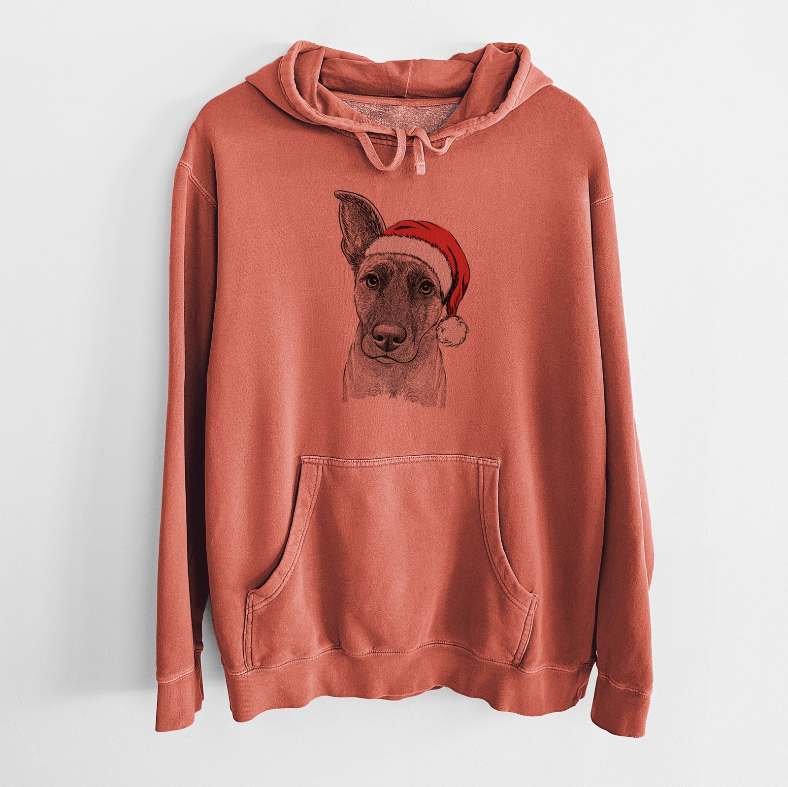 Hand-drawn sketch of Zoey the Mixed Breed wearing a Santa hat on an Amber Unisex pigment dyed hoodie