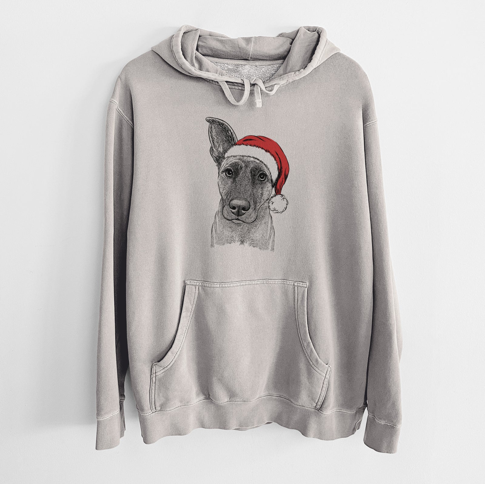 Hand-drawn sketch of Zoey the Mixed Breed wearing a Santa hat on a Cement Unisex pigment dyed hoodie