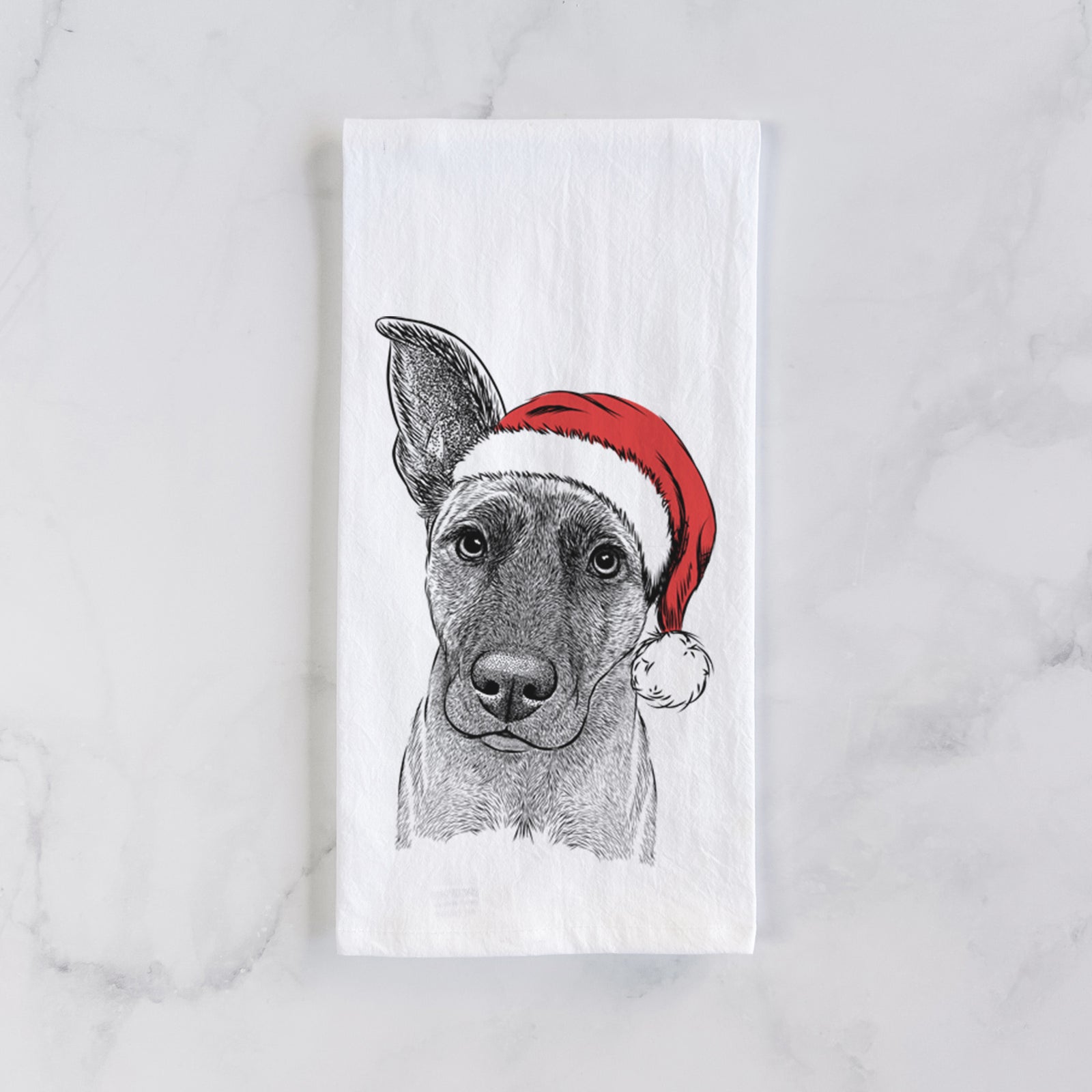 Hand-drawn sketch of Zoey the Mixed Breed wearing a Santa hat on a tea towel