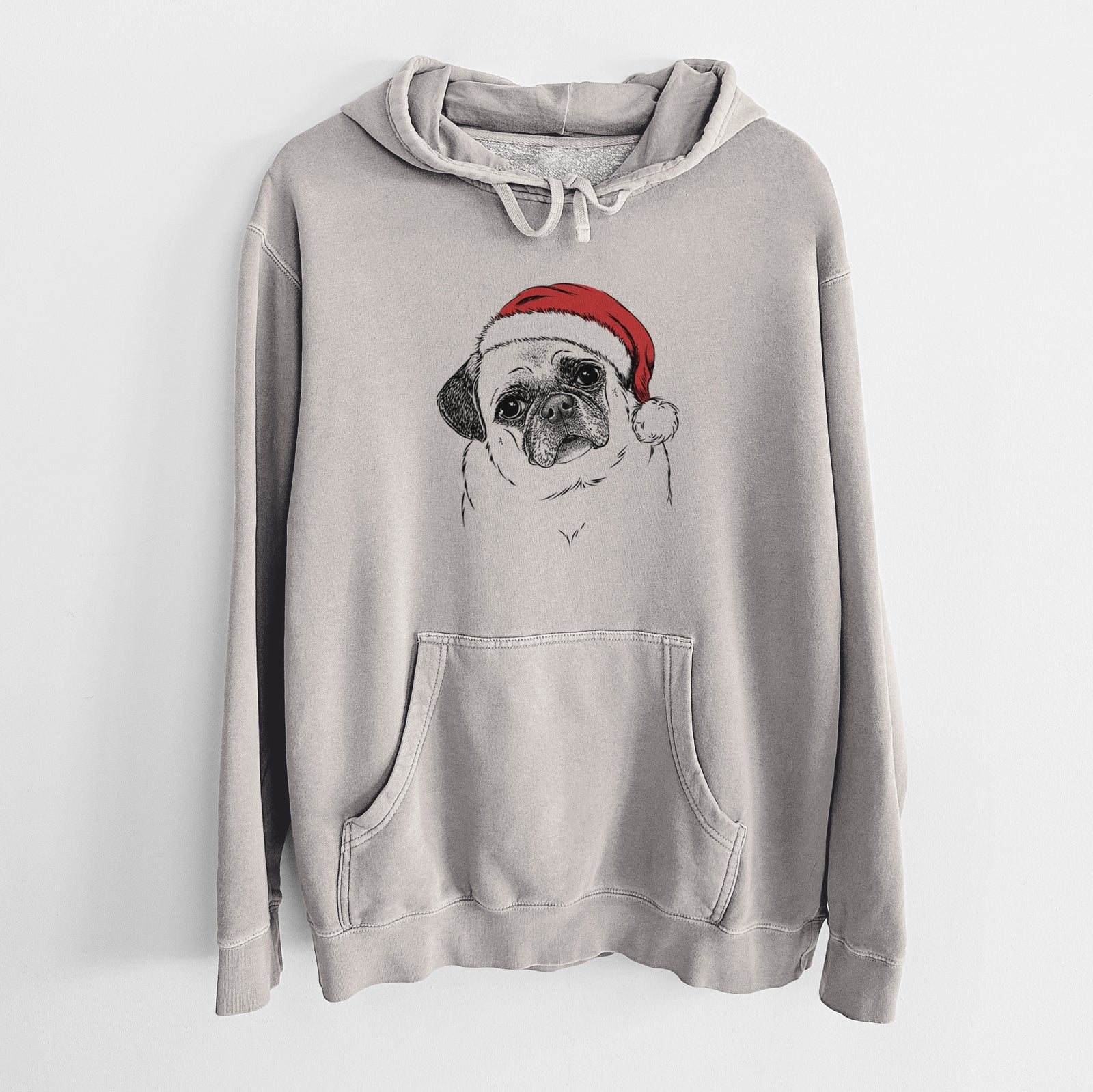 Hand-drawn sketch of Zoey the Pug wearing a Santa hat on a Cement Unisex pigment dyed hoodie