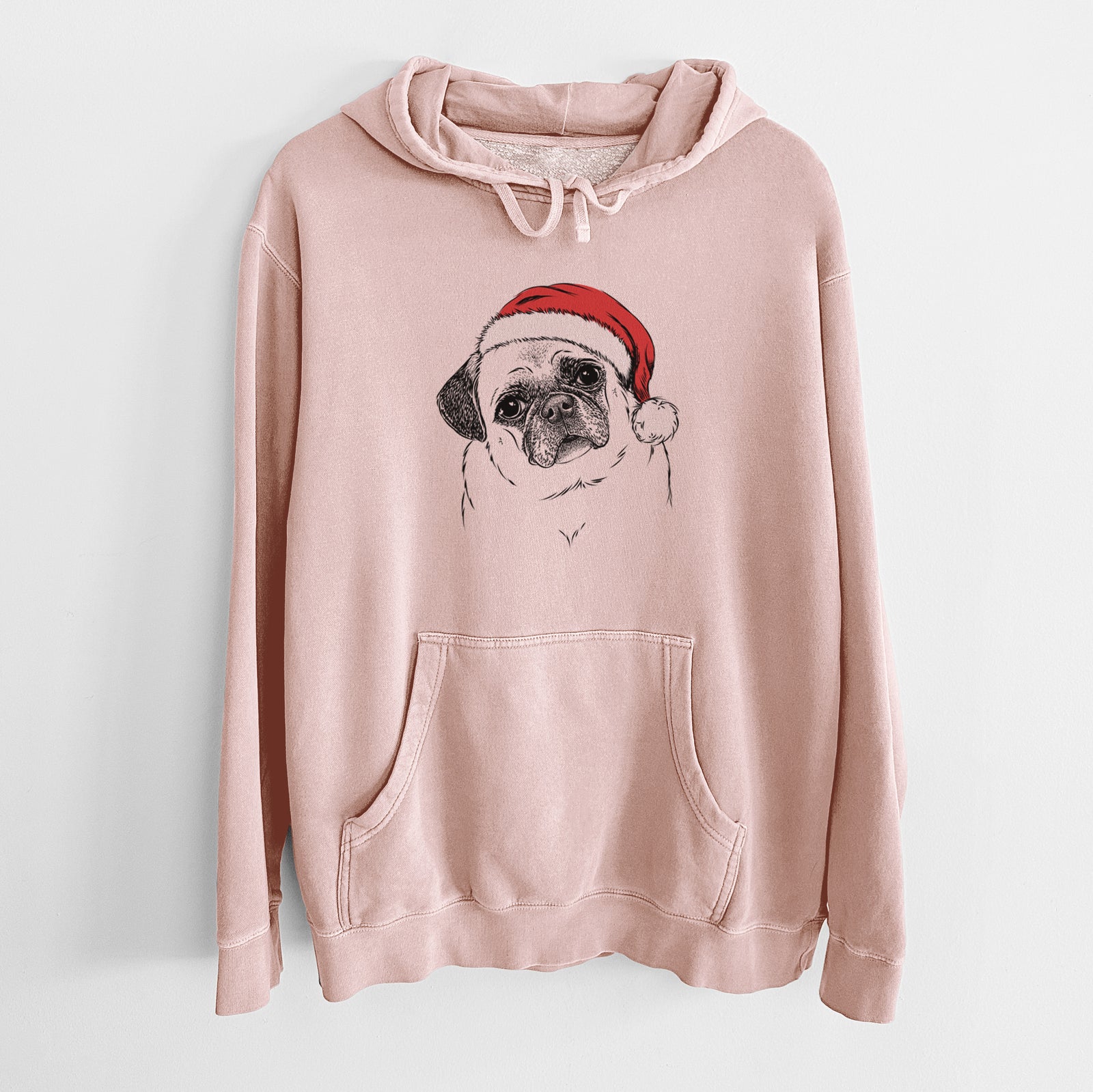 Hand-drawn sketch of Zoey the Pug wearing a Santa hat on a Dusty Pink Unisex pigment dyed hoodie
