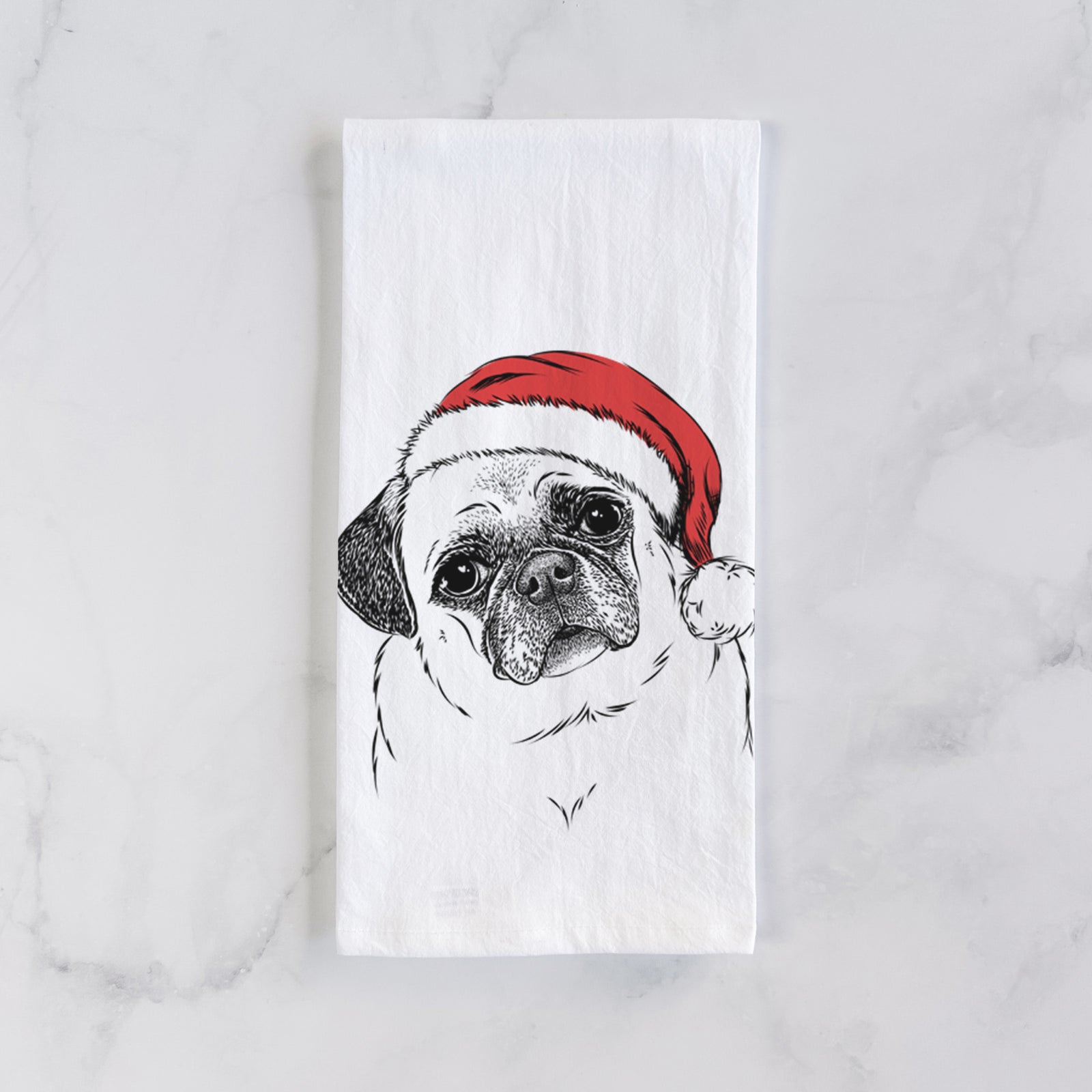 Hand-drawn sketch of Zoey the Pug wearing a Santa hat on a tea towel