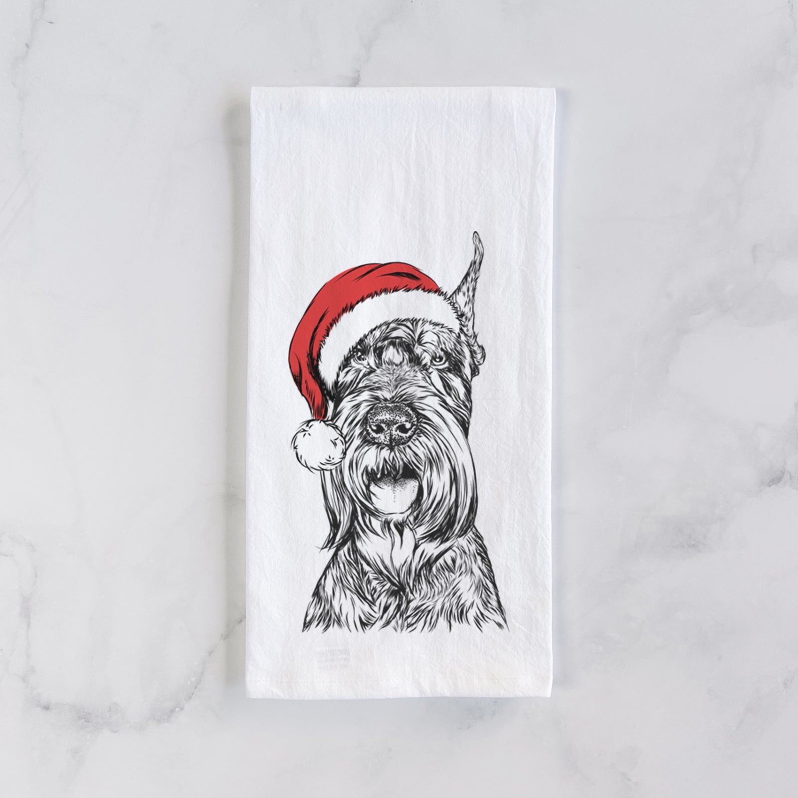 Hand-drawn sketch of Zuri the Giant Schnauzer wearing a Santa hat on a tea towel