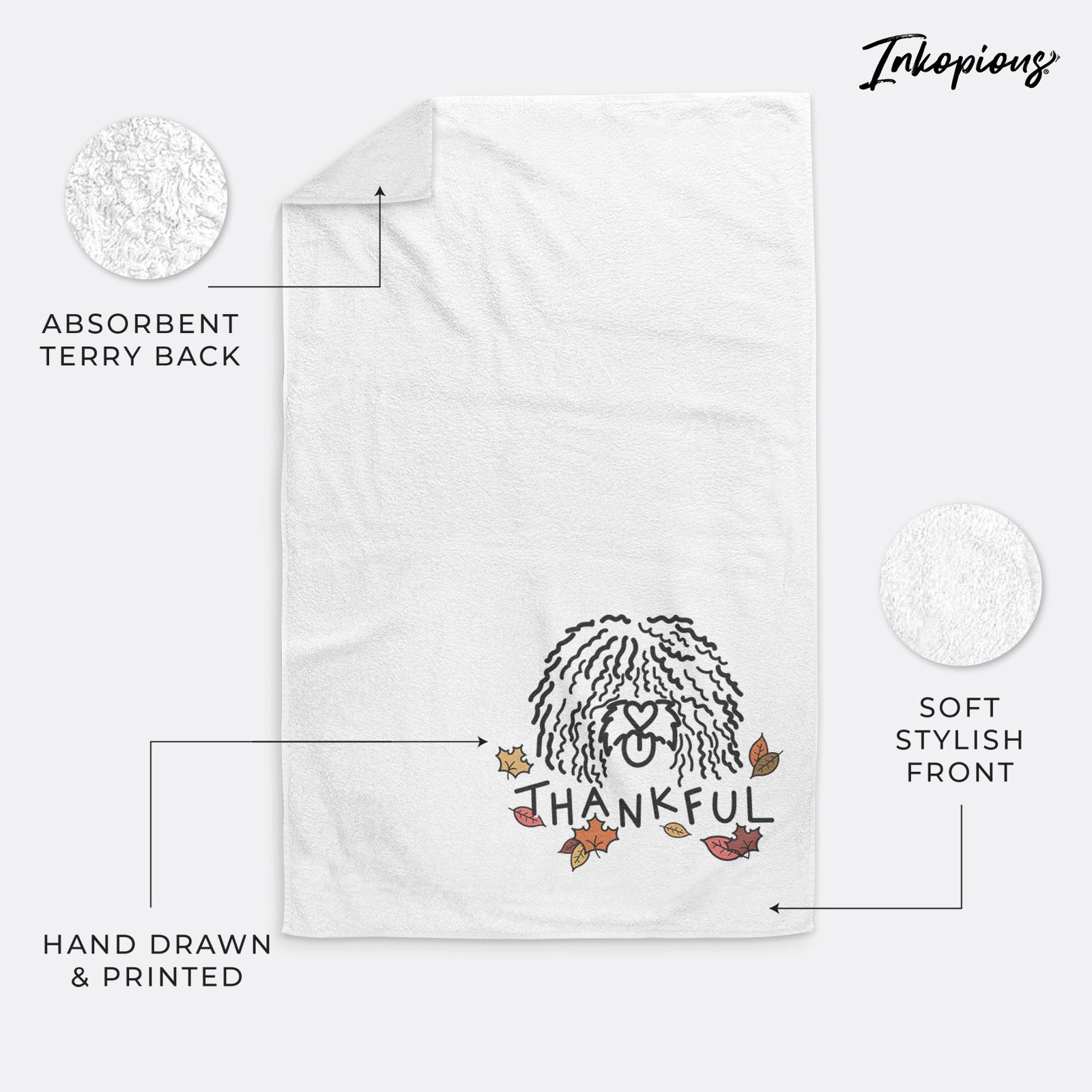 Minimalist line drawing of Alba the Spanish Water Dog with 'Thankful' lettering on a decorative hand towel