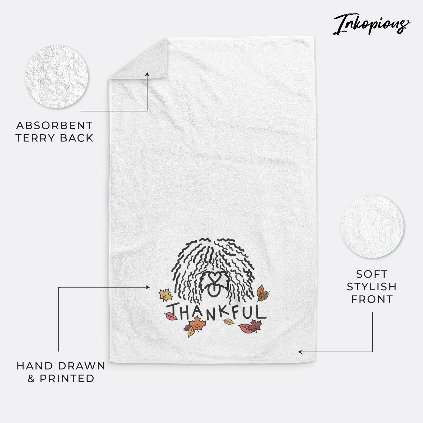 Minimalist line drawing of Alba the Spanish Water Dog with 'Thankful' lettering on a decorative hand towel