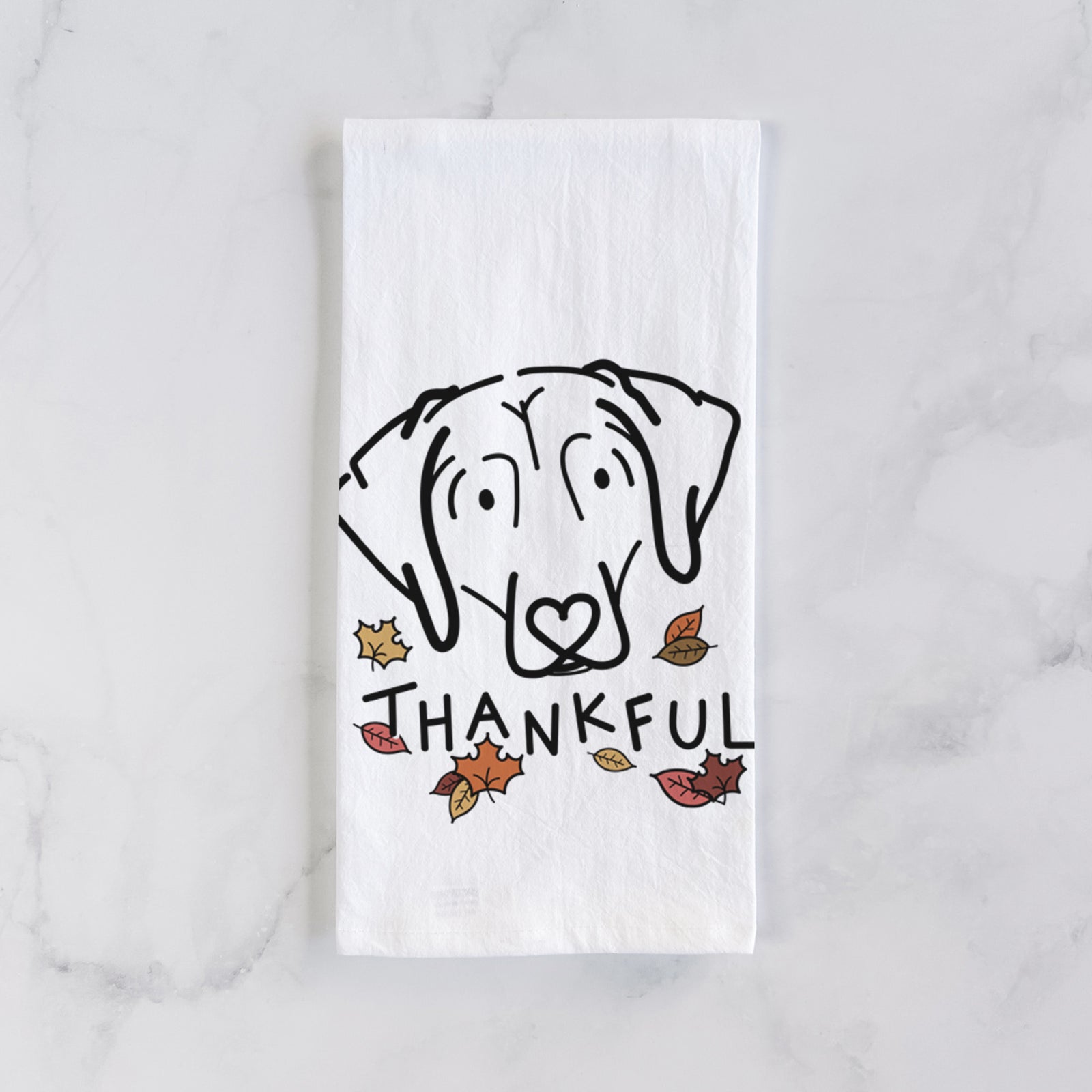 Minimalist line drawing of Aly the Beagle with 'Thankful' lettering on a tea towel