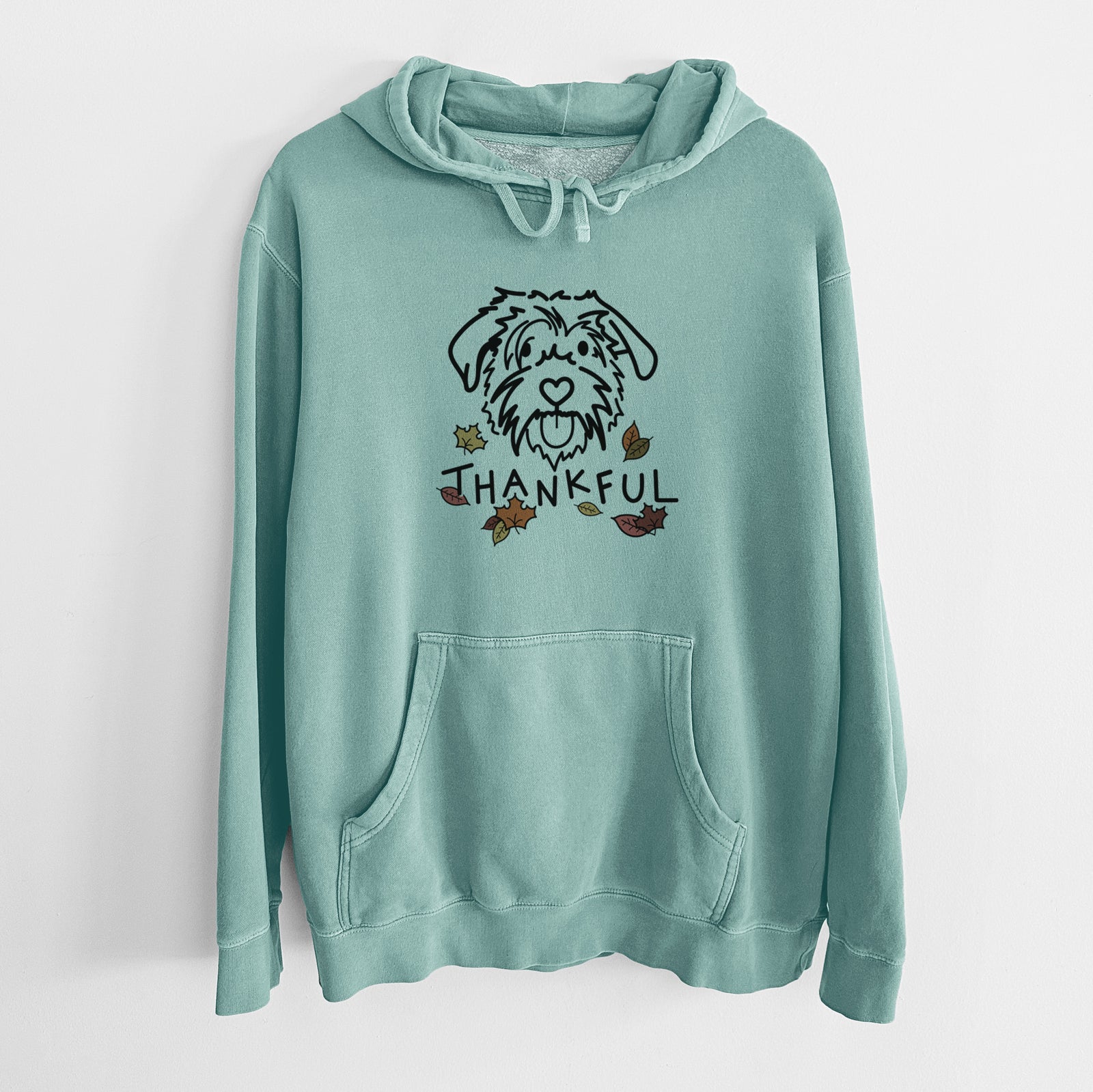 Minimalist line drawing of Amal the Scottish Terrier Border Collie Mix with 'Thankful' lettering on a Mint Unisex pigment dyed hoodie