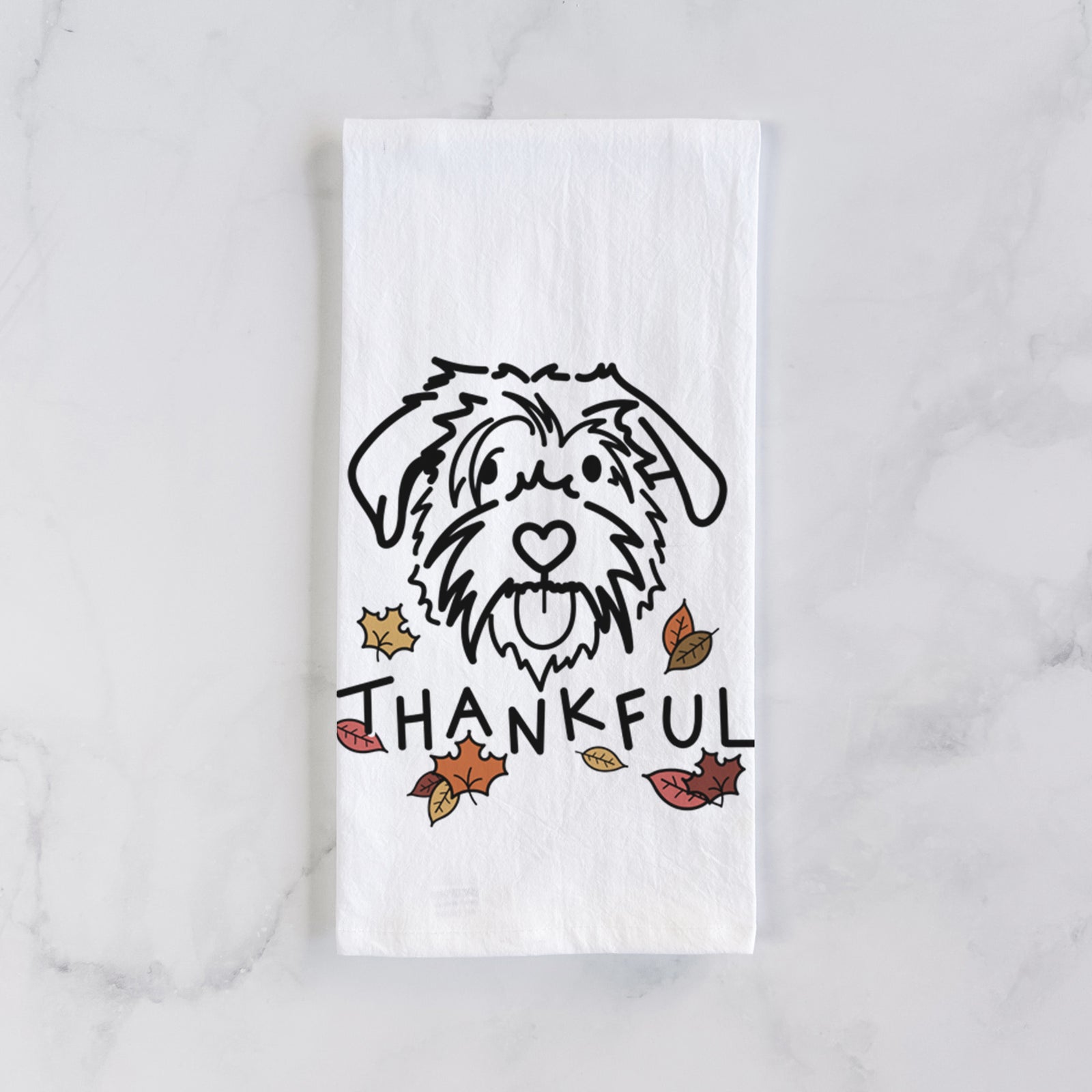 Minimalist line drawing of Amal the Scottish Terrier Border Collie Mix with 'Thankful' lettering on a tea towel