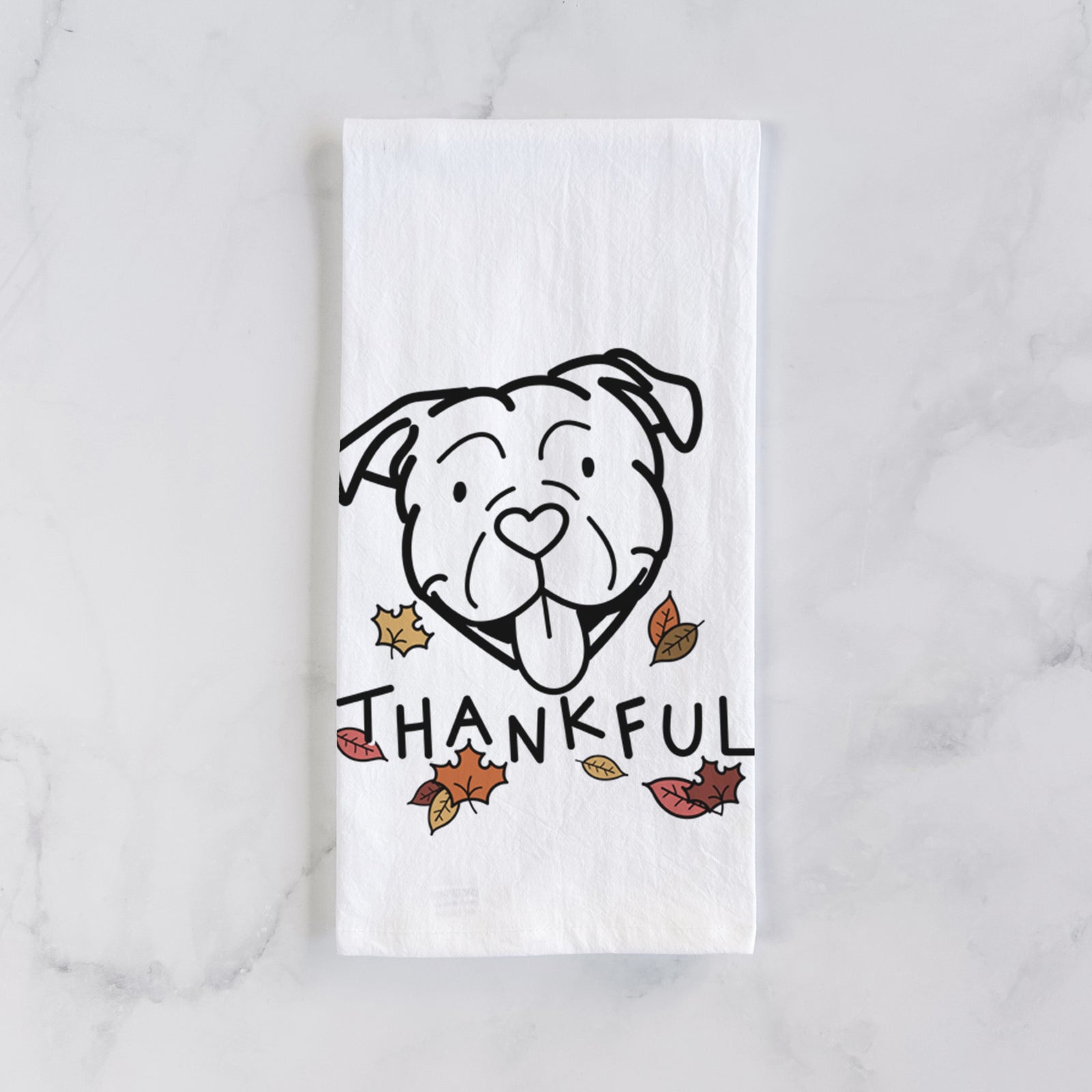 Minimalist line drawing of an American Bulldog with 'Thankful' lettering on a tea towel