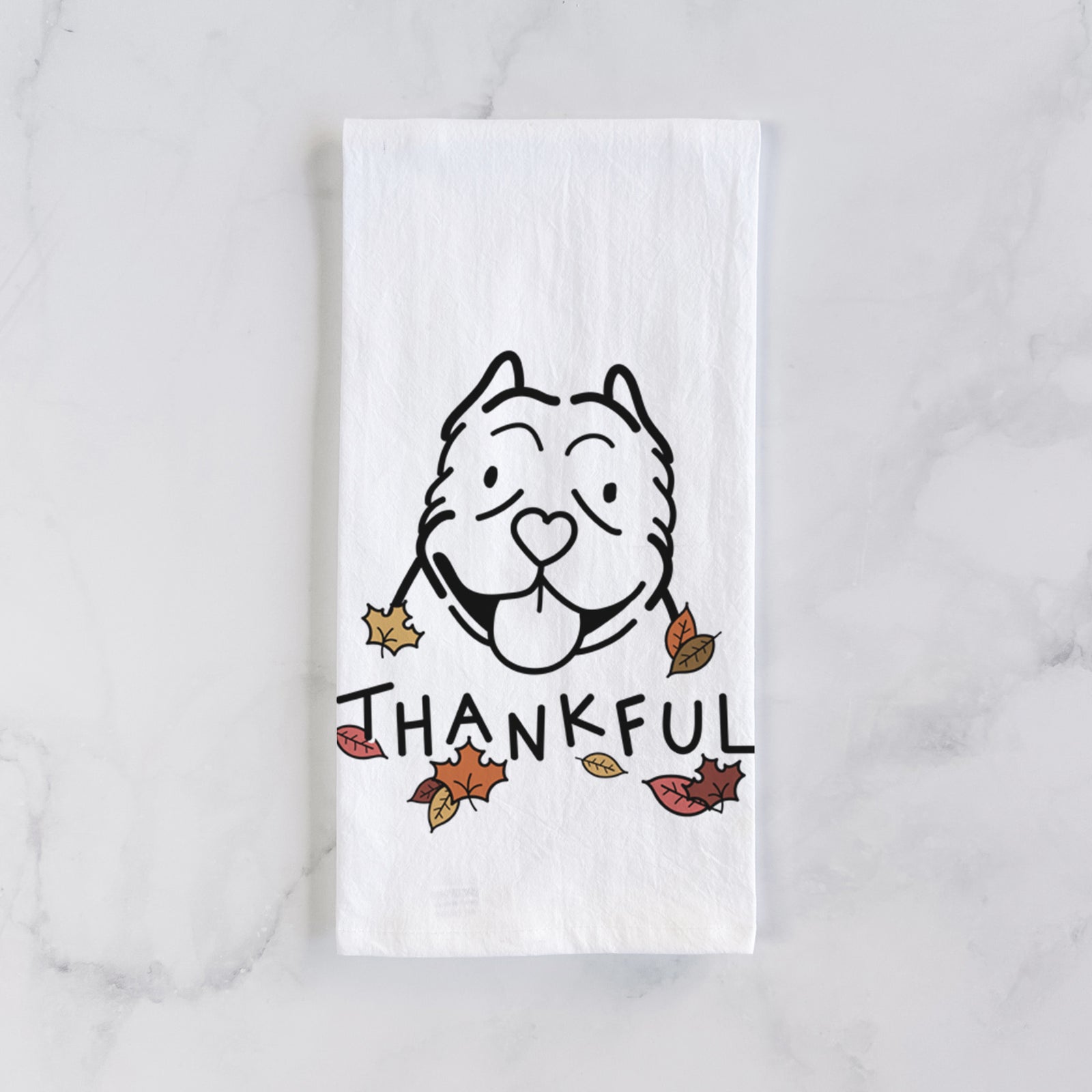 Minimalist line drawing of an American Bully with 'Thankful' lettering on a tea towel