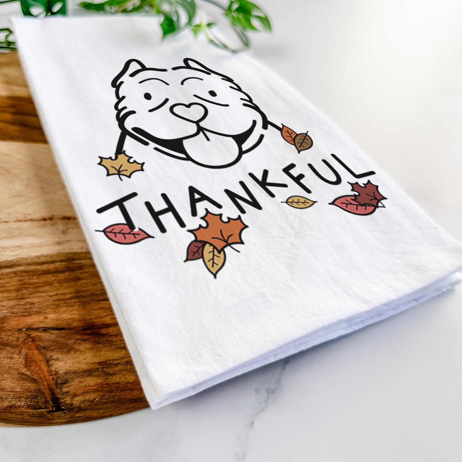 Minimalist line drawing of an American Bully with 'Thankful' lettering on a tea towel