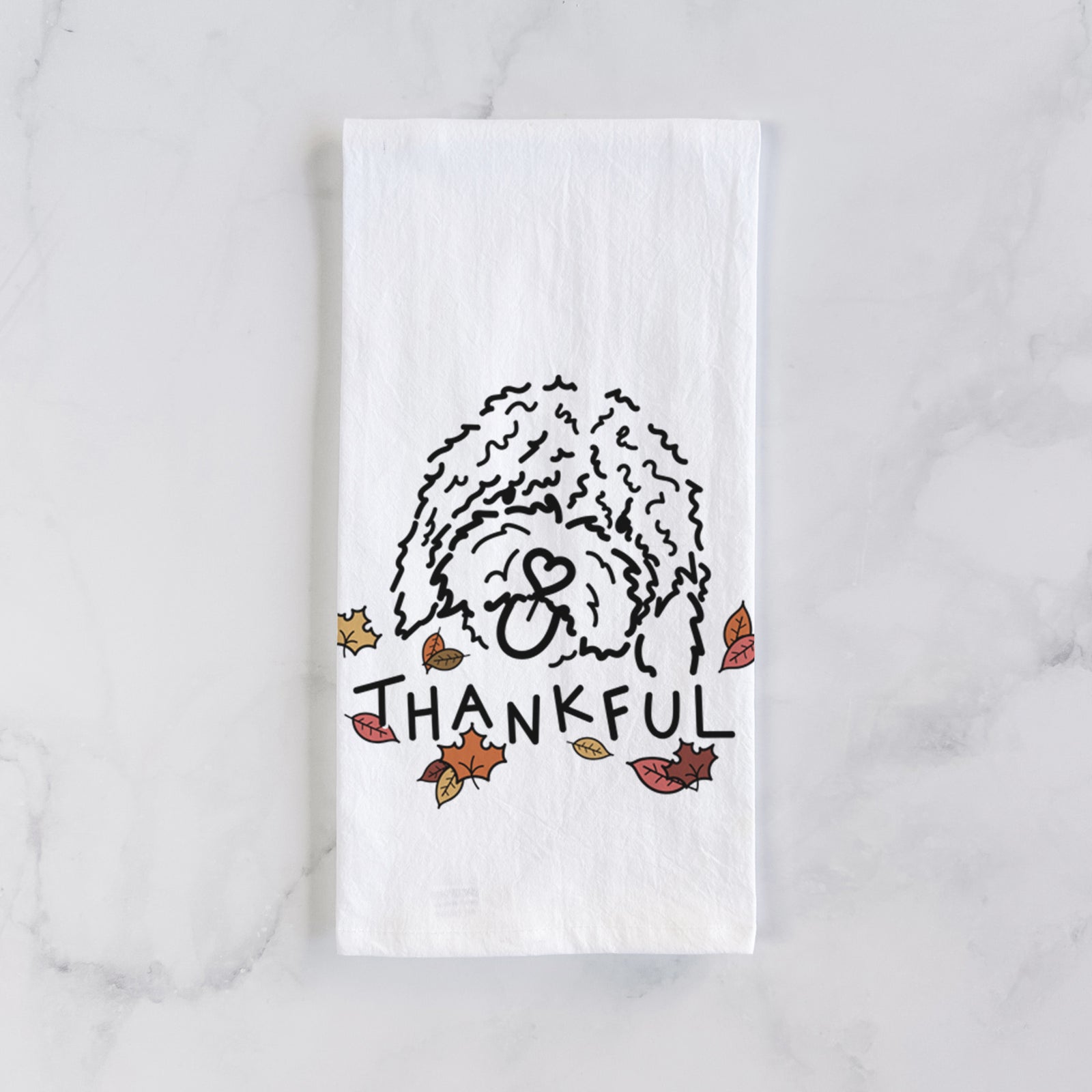 Minimalist line drawing of Antonio the Spanish Water Dog with 'Thankful' lettering on a tea towel