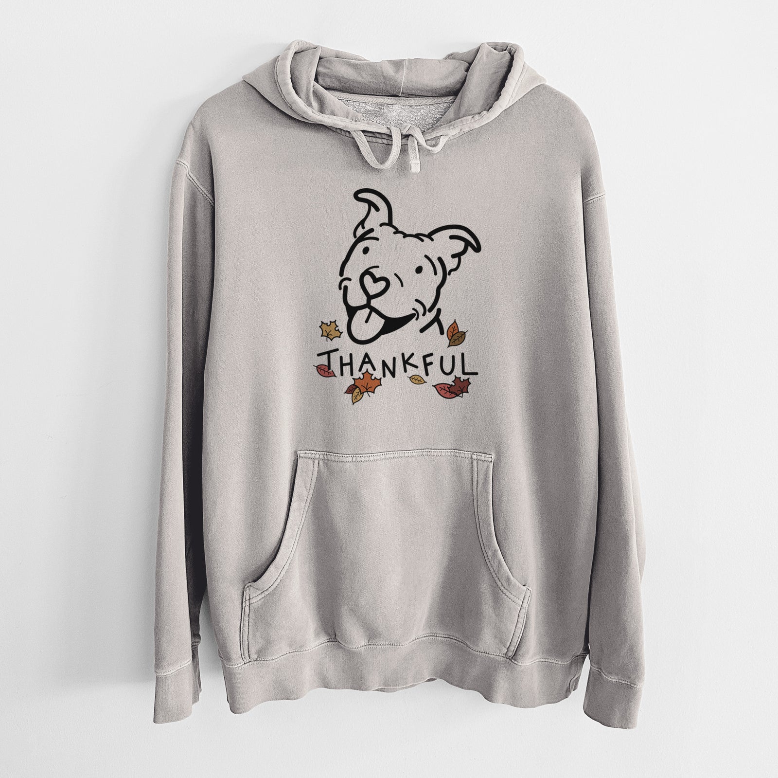 Minimalist line drawing of Arlo the Pitbull with 'Thankful' lettering on a Cement Unisex pigment dyed hoodie
