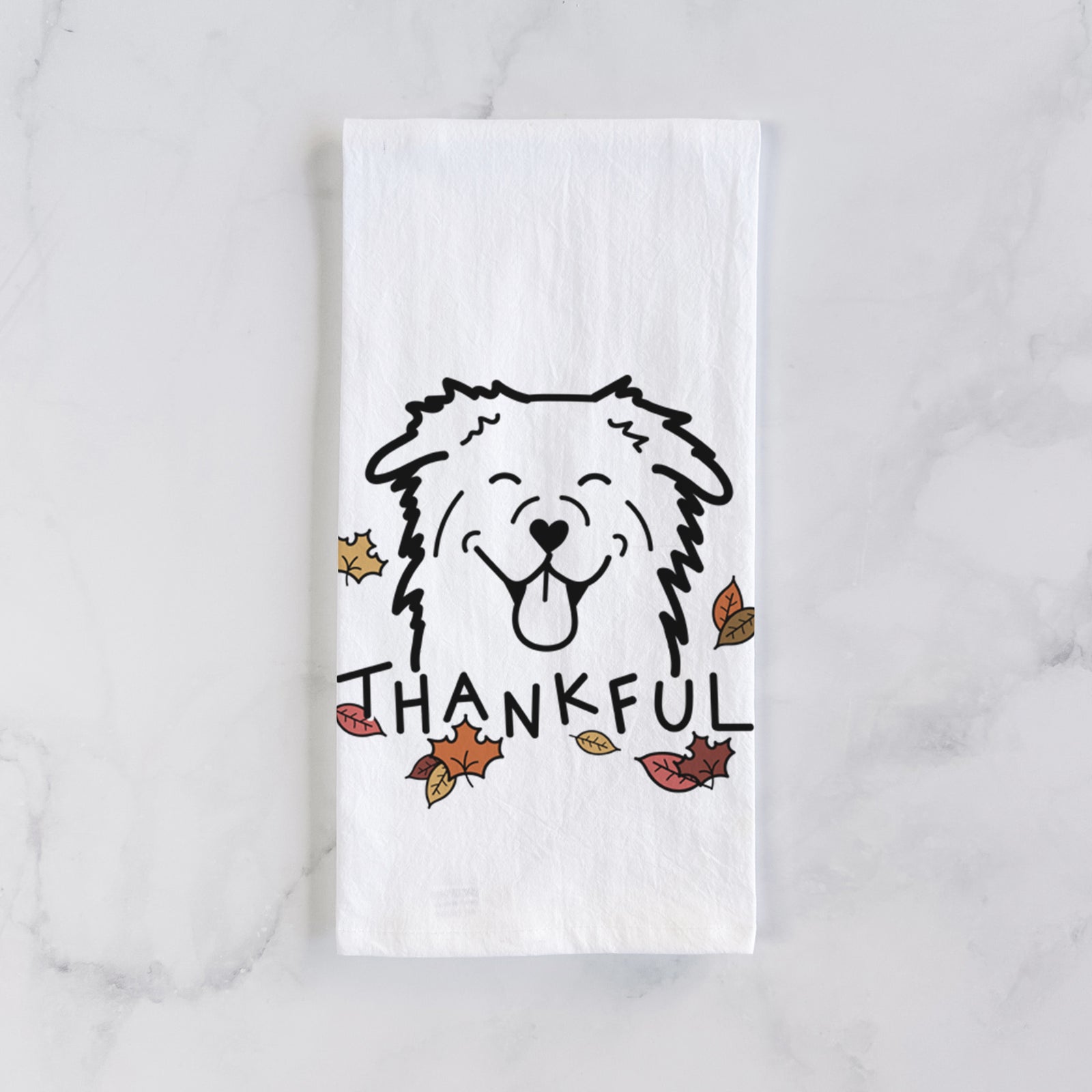 Minimalist line drawing of an Australian Shepherd with 'Thankful' lettering on a tea towel