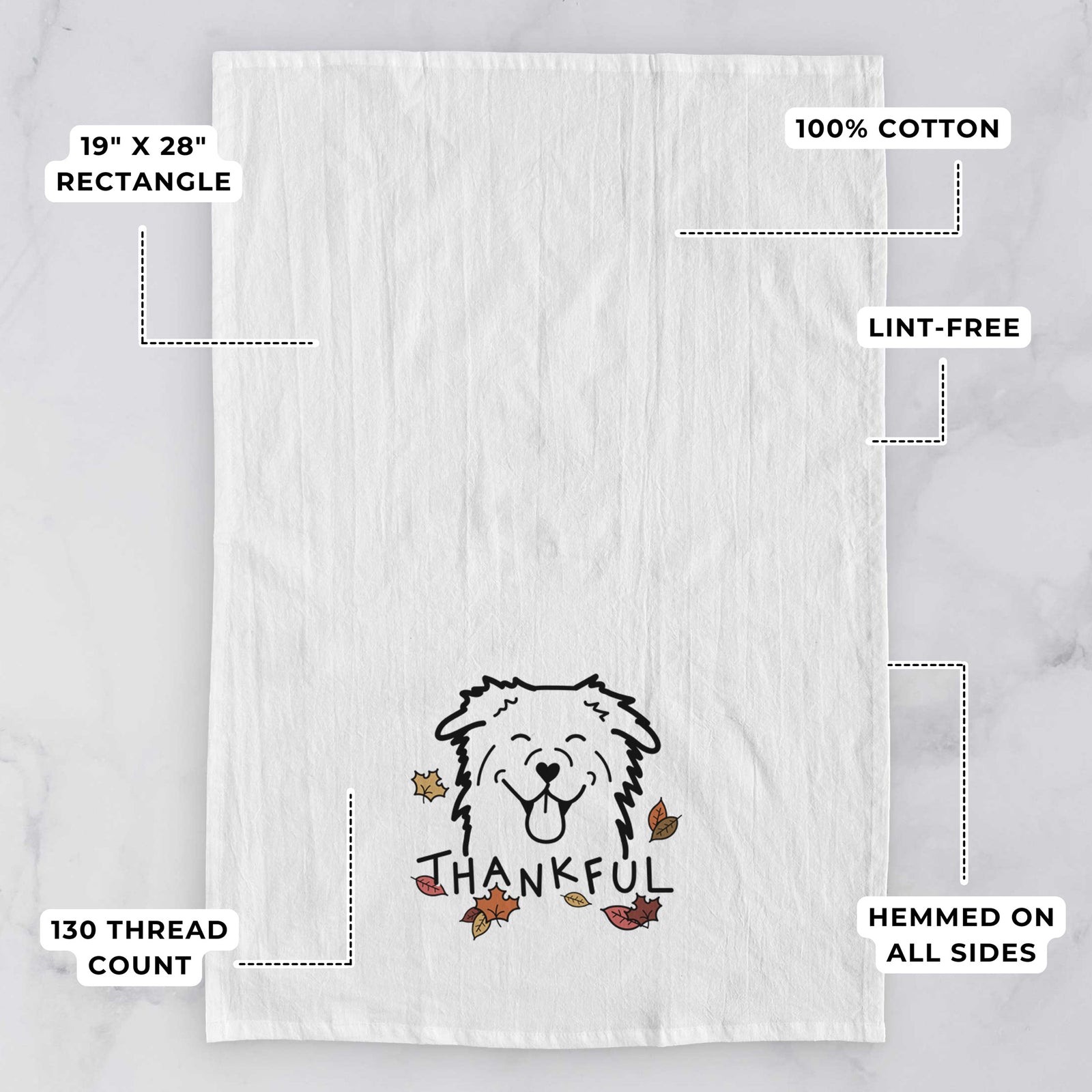 Minimalist line drawing of an Australian Shepherd with 'Thankful' lettering on a tea towel, with feature callouts: 19 x 28 inch rectangle, 100% cotton, lint-free, 120 thread count, hemmed on all sides