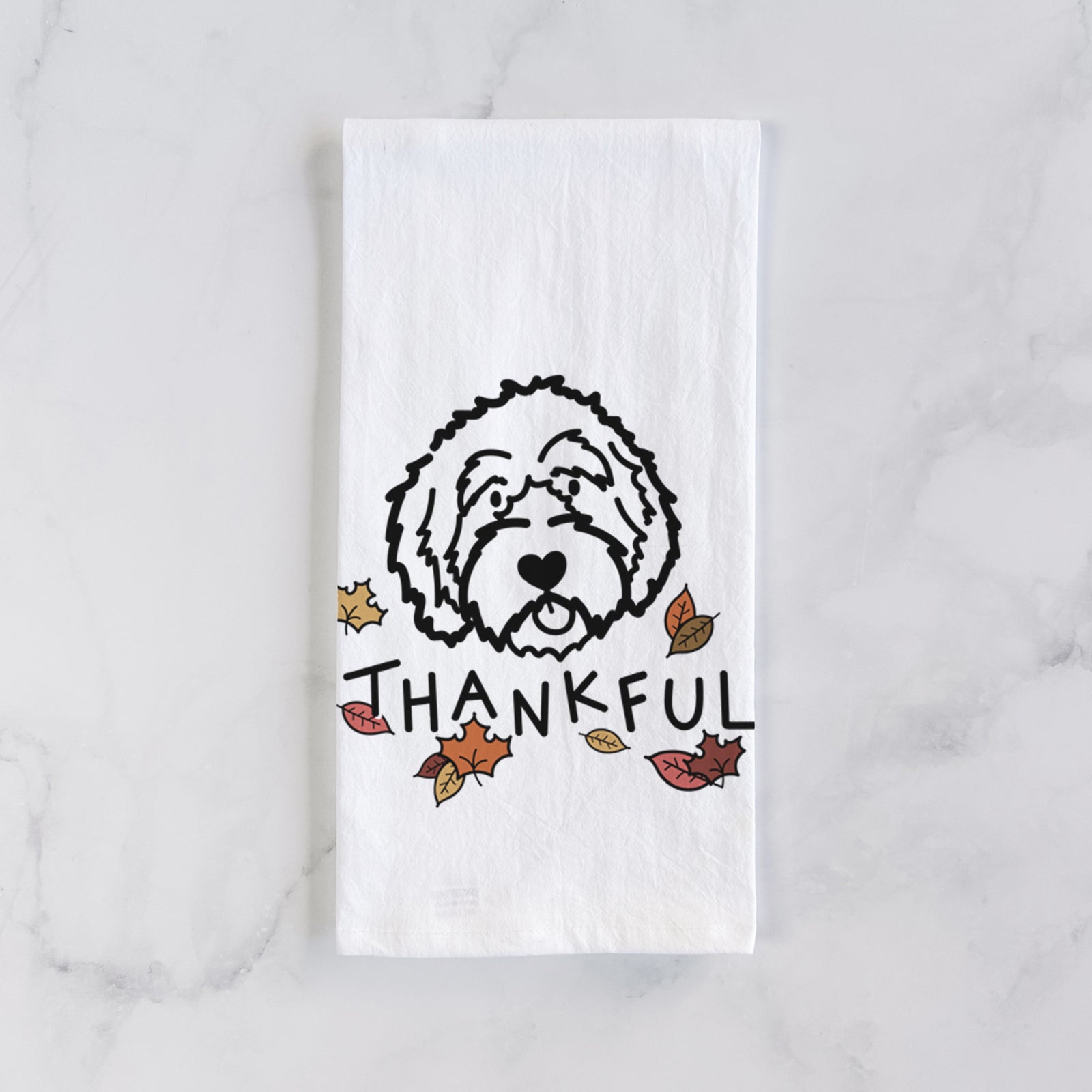 Minimalist line drawing of an Aussiedoodle with 'Thankful' lettering on a tea towel