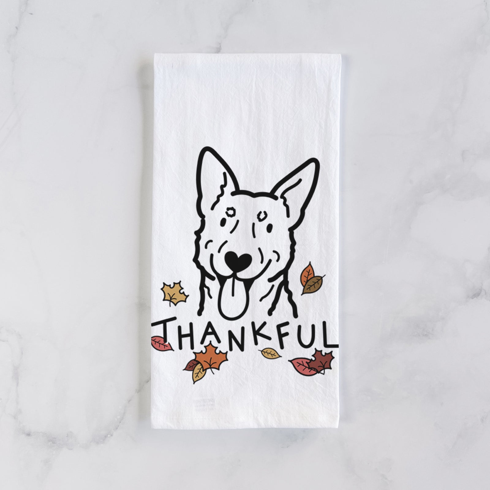 Minimalist line drawing of an Australian Cattle Dog with 'Thankful' lettering on a tea towel