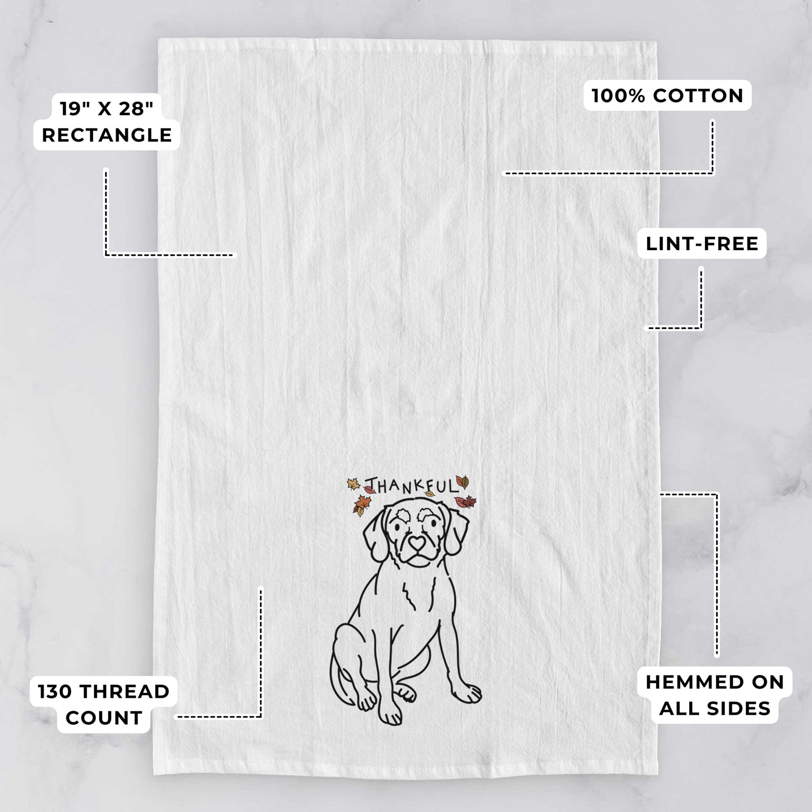 Minimalist line drawing of Babs the Puggle with 'Thankful' lettering on a tea towel, with feature callouts: 19 x 28 inch rectangle, 100% cotton, lint-free, 120 thread count, hemmed on all sides