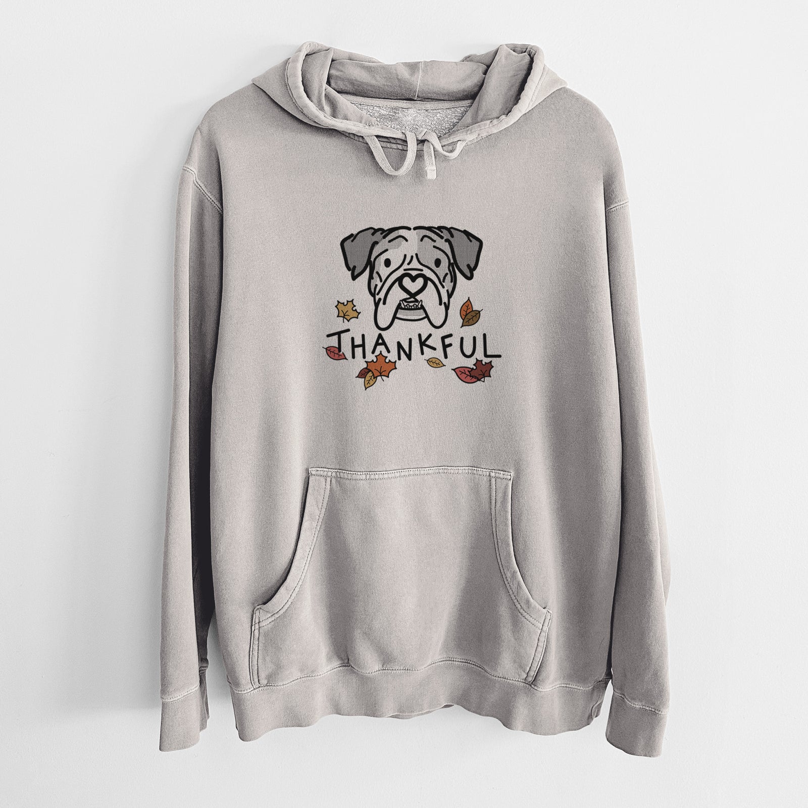 Minimalist line drawing of Bailey the English Bulldog with 'Thankful' lettering on a Cement Unisex pigment dyed hoodie