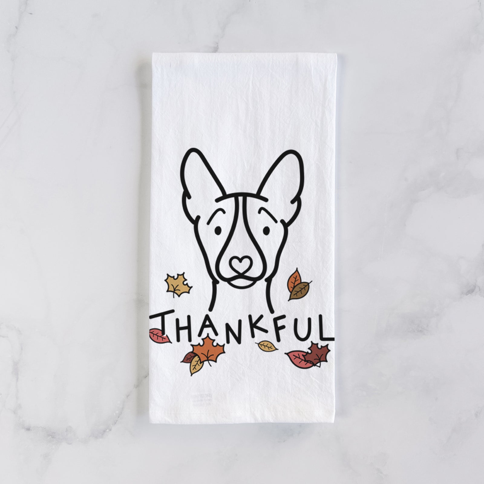 Minimalist line drawing of a Basenji with 'Thankful' lettering on a tea towel