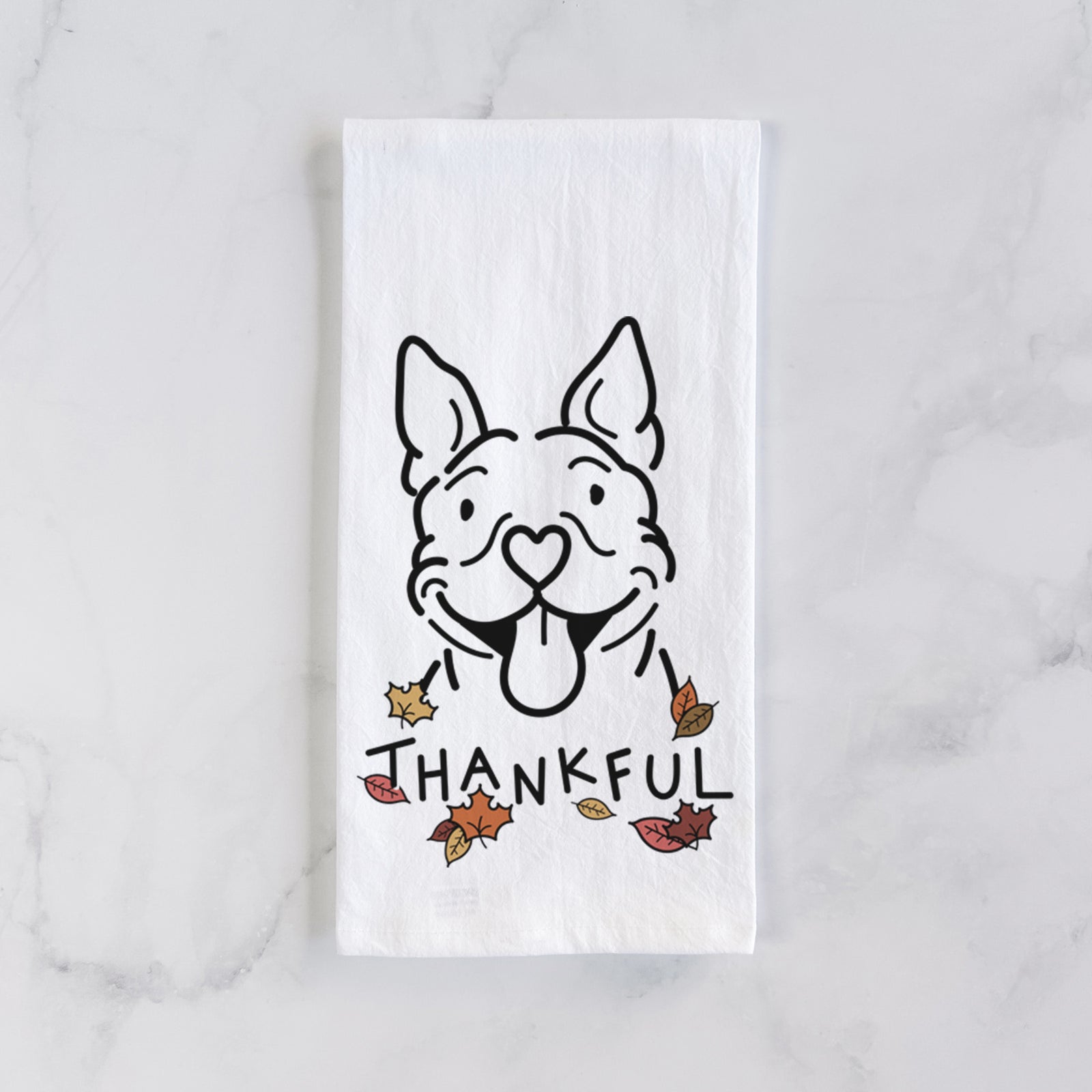 Minimalist line drawing of Basil the Pitbull with 'Thankful' lettering on a tea towel