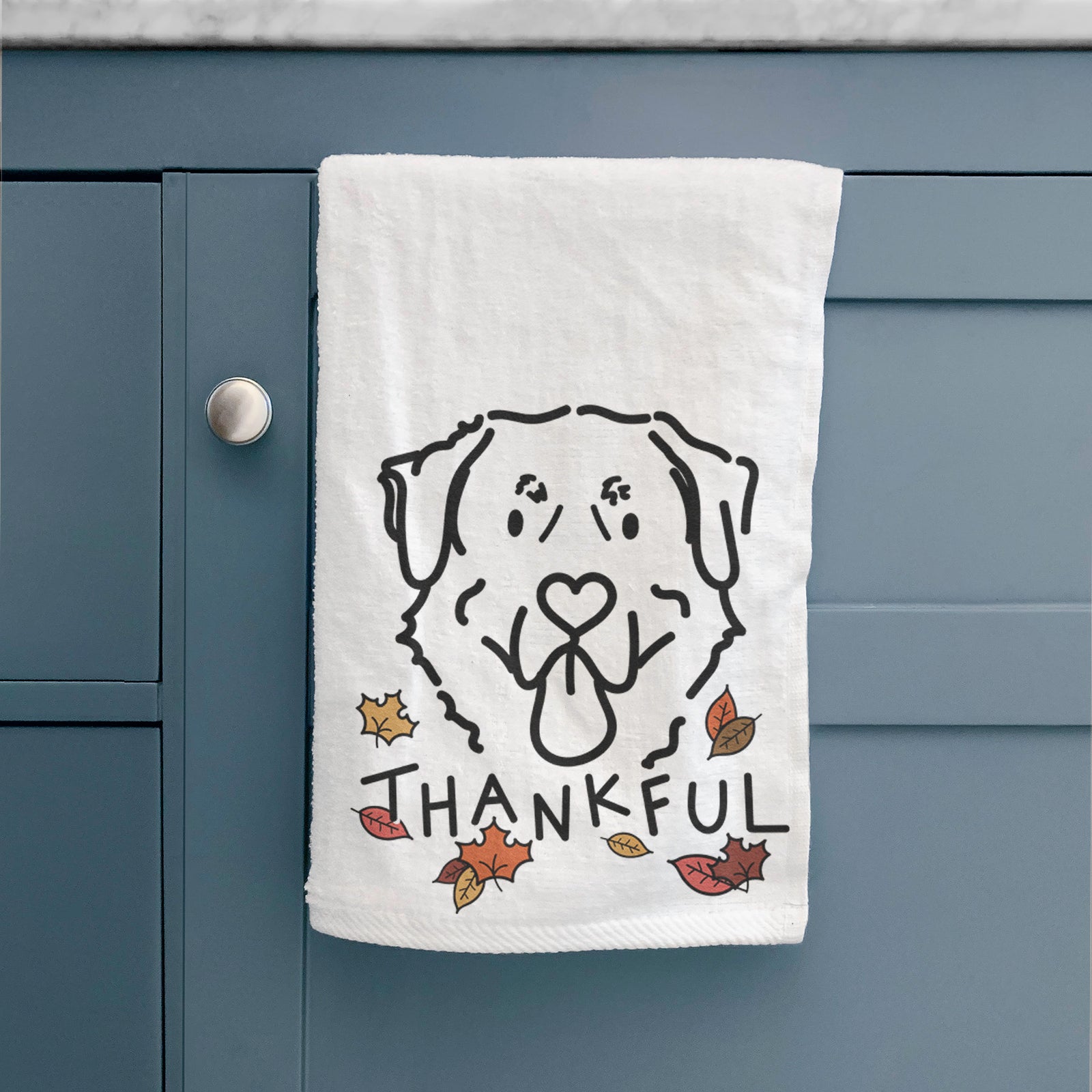 Minimalist line drawing of Batu the Anatolian Shepherd with 'Thankful' lettering on a decorative hand towel