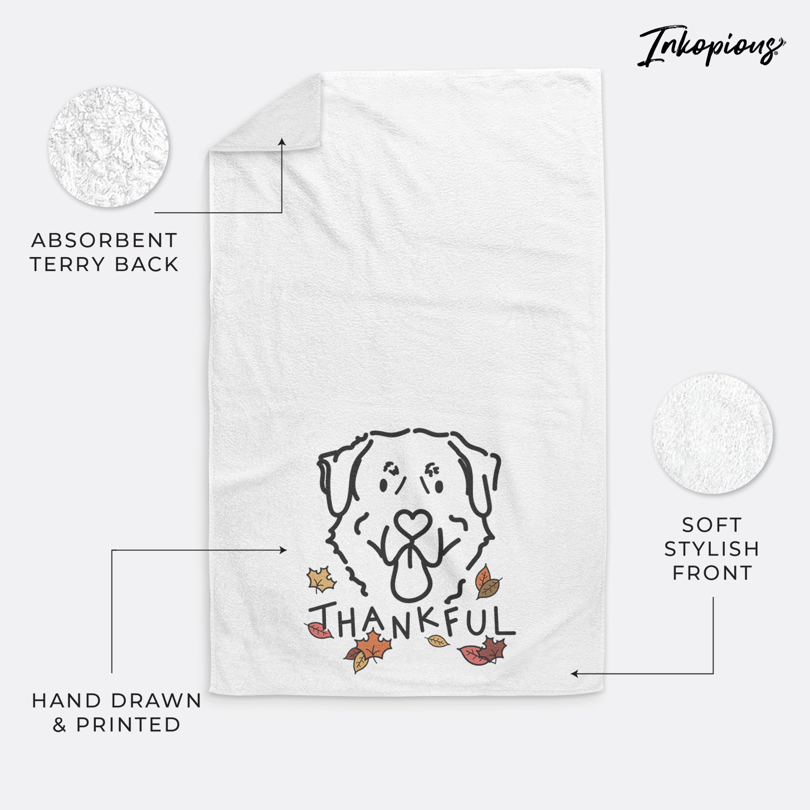 Minimalist line drawing of Batu the Anatolian Shepherd with 'Thankful' lettering on a decorative hand towel