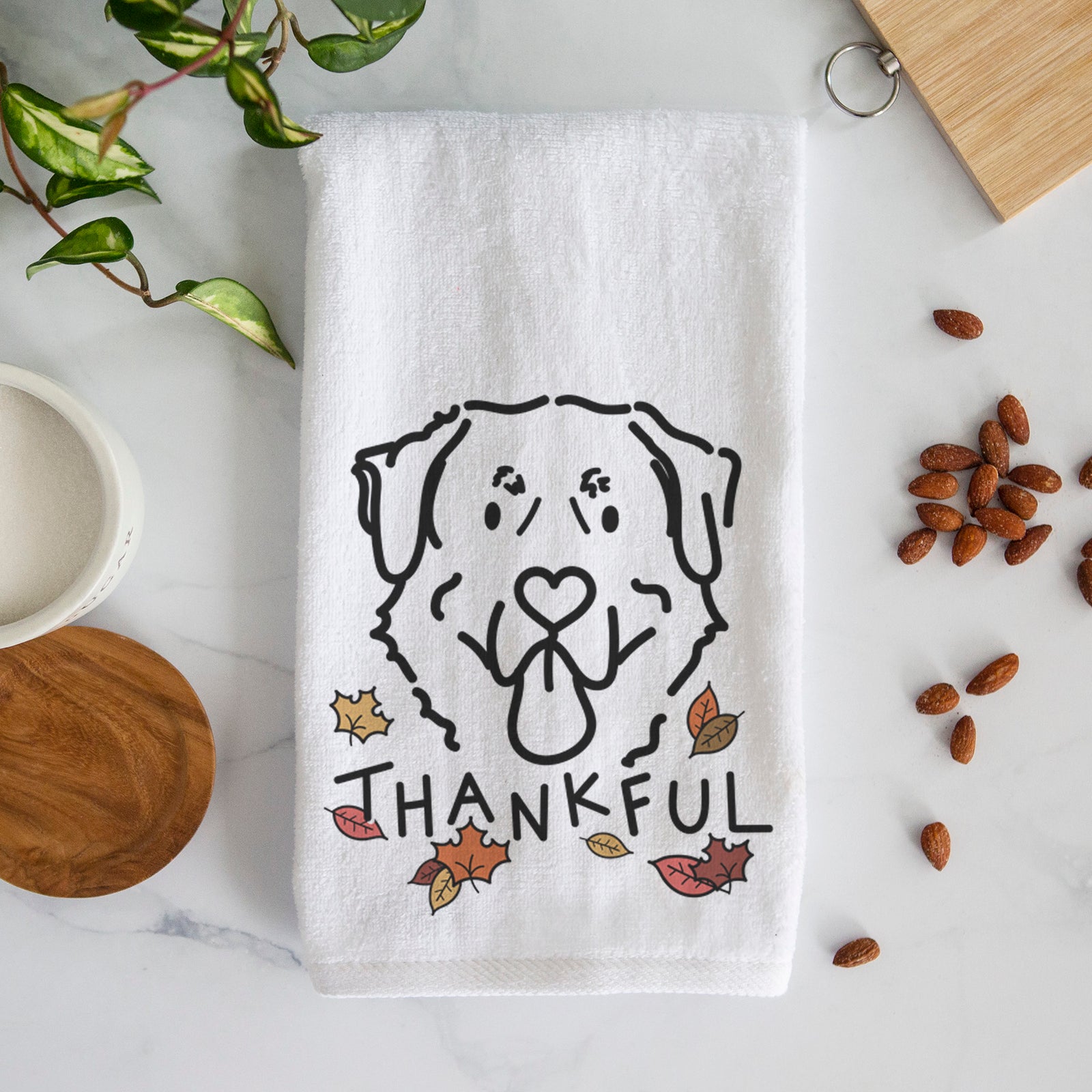 Minimalist line drawing of Batu the Anatolian Shepherd with 'Thankful' lettering on a decorative hand towel