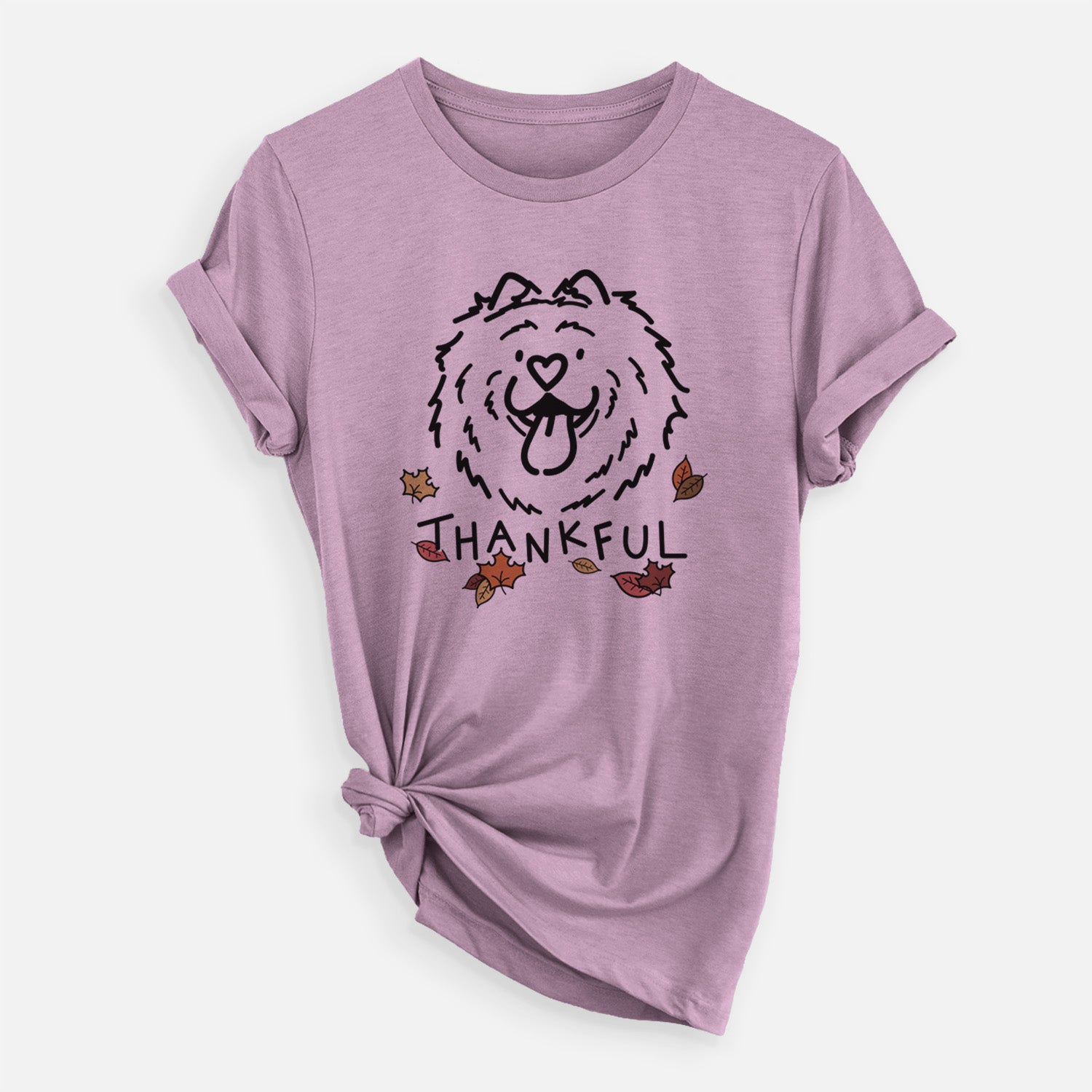 Minimalist line drawing of Bear the Chow Chow with 'Thankful' lettering on an Orchid Unisex crewneck, worn by a woman