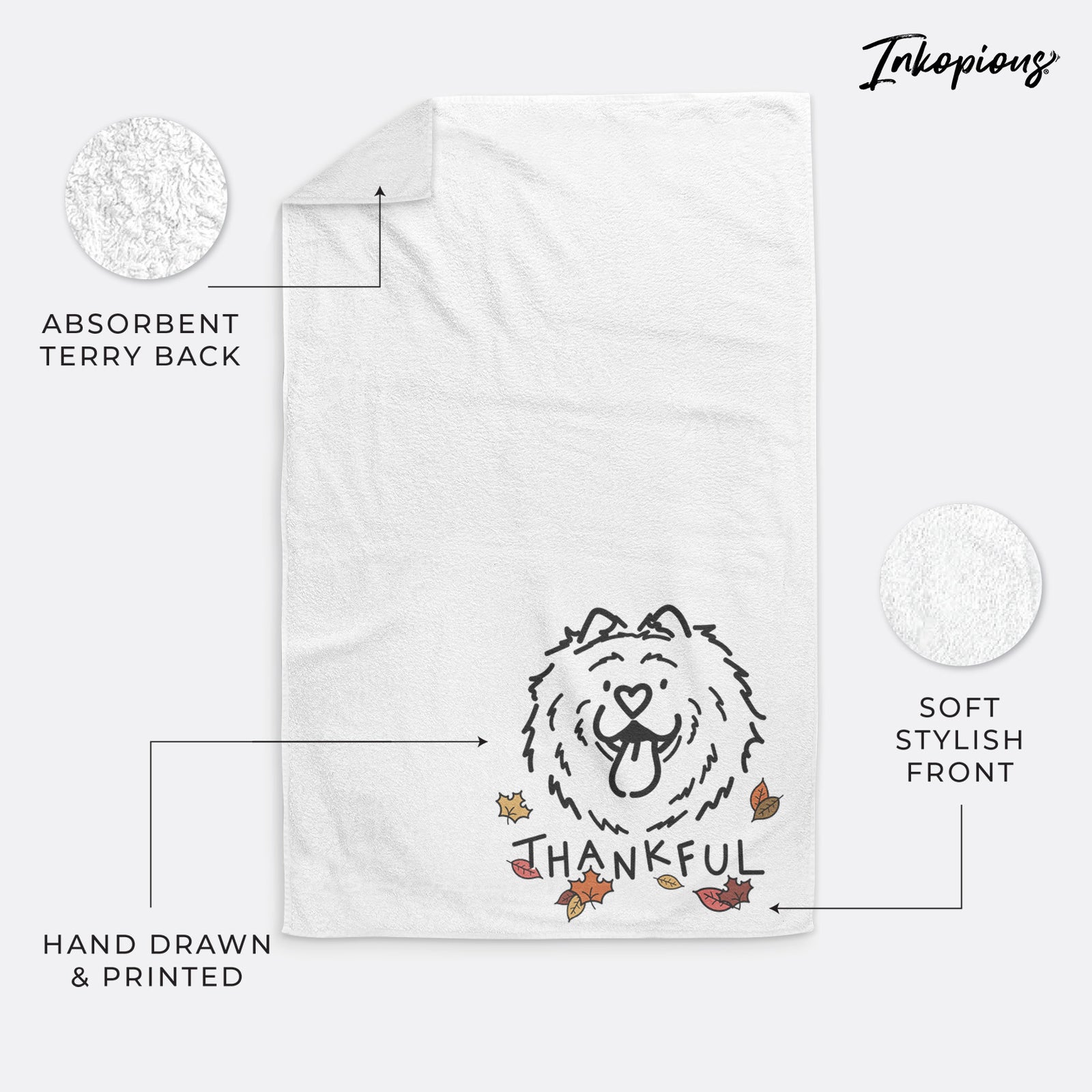 Minimalist line drawing of Bear the Chow Chow with 'Thankful' lettering on a hand towel