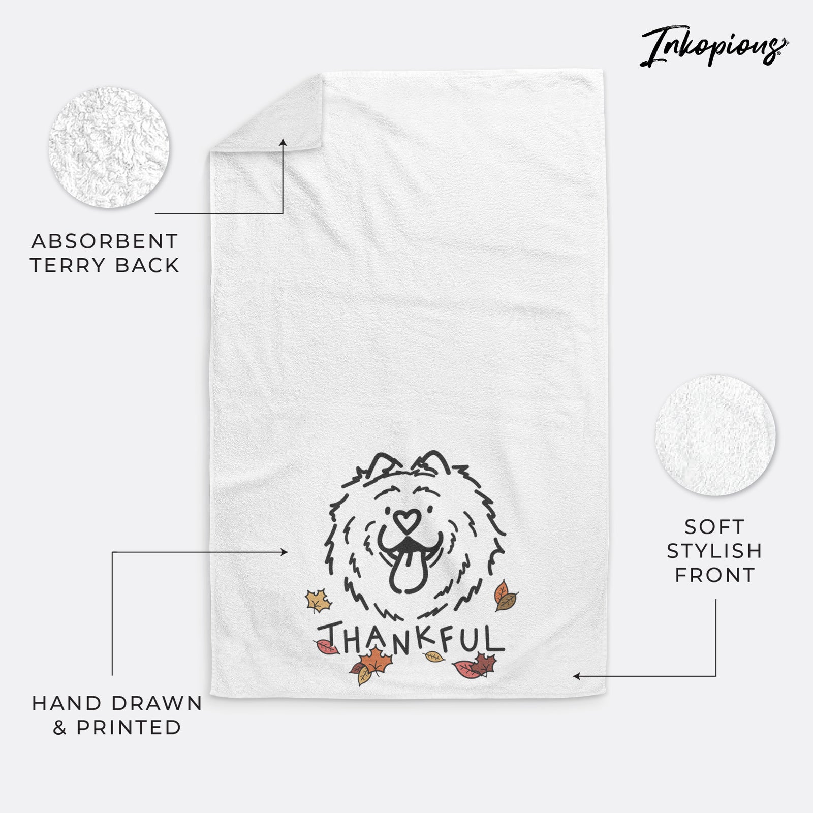 Minimalist line drawing of Bear the Chow Chow with 'Thankful' lettering on a hand towel
