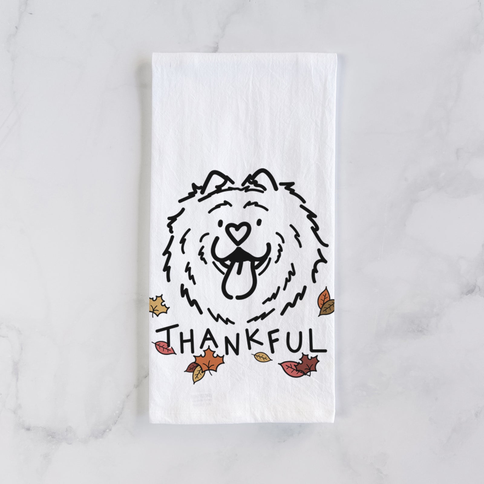 Minimalist line drawing of Bear the Chow Chow with 'Thankful' lettering on a tea towel
