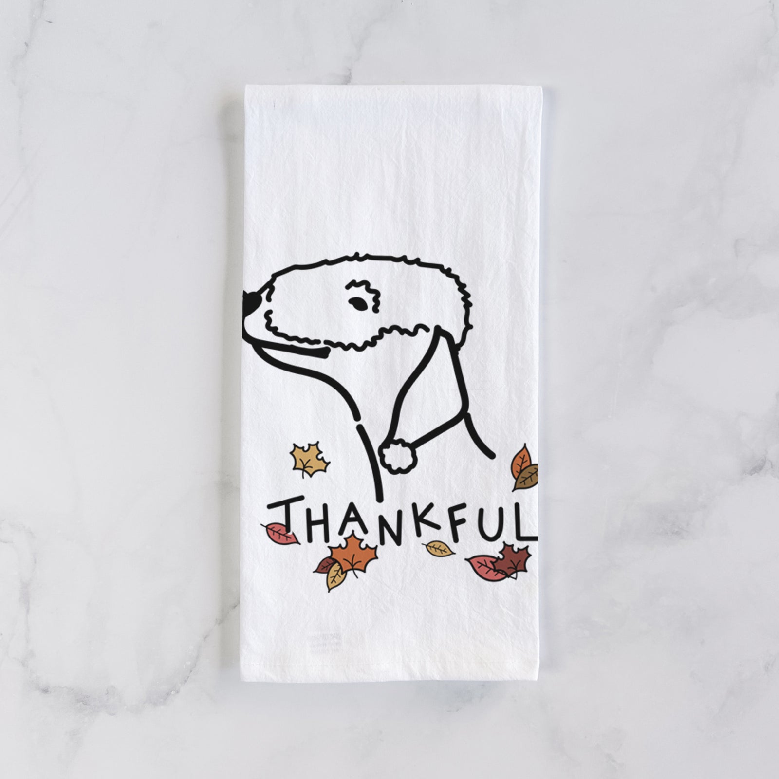 Minimalist line drawing of a Bedlington Terrier with 'Thankful' lettering on a tea towel