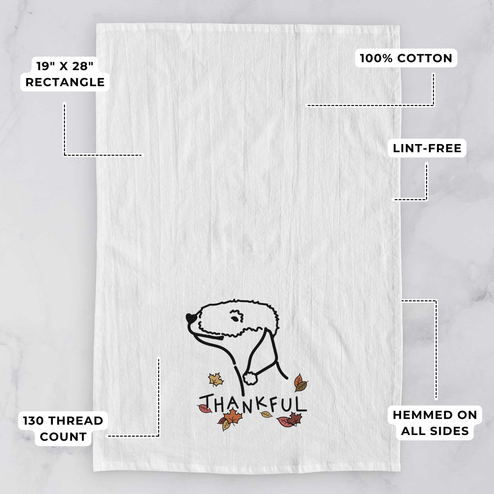 Minimalist line drawing of a Bedlington Terrier with 'Thankful' lettering on a tea towel, with feature callouts: 19 x 28 inch rectangle, 100% cotton, lint-free, 120 thread count, hemmed on all sides