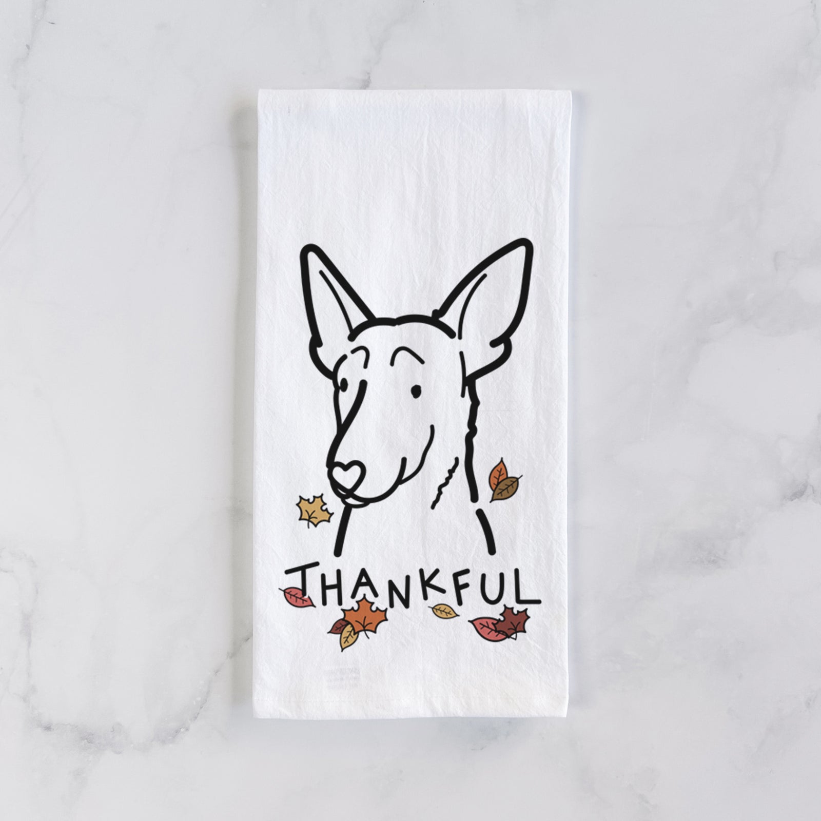 Minimalist line drawing of a Belgian Malinois with 'Thankful' lettering on a tea towel