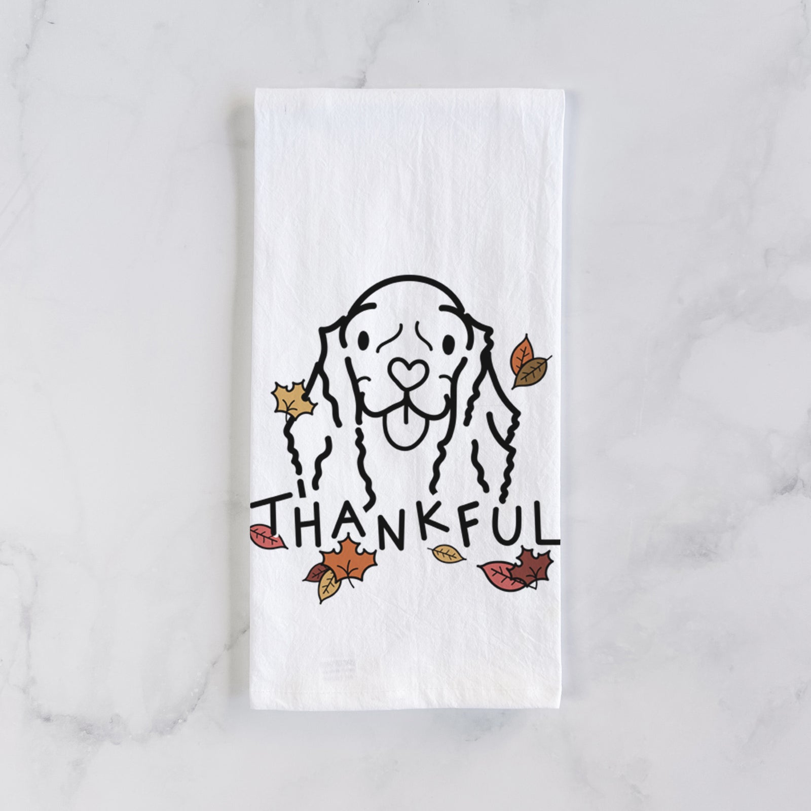 Minimalist line drawing of Bella the American Cocker Spaniel with 'Thankful' lettering on a tea towel